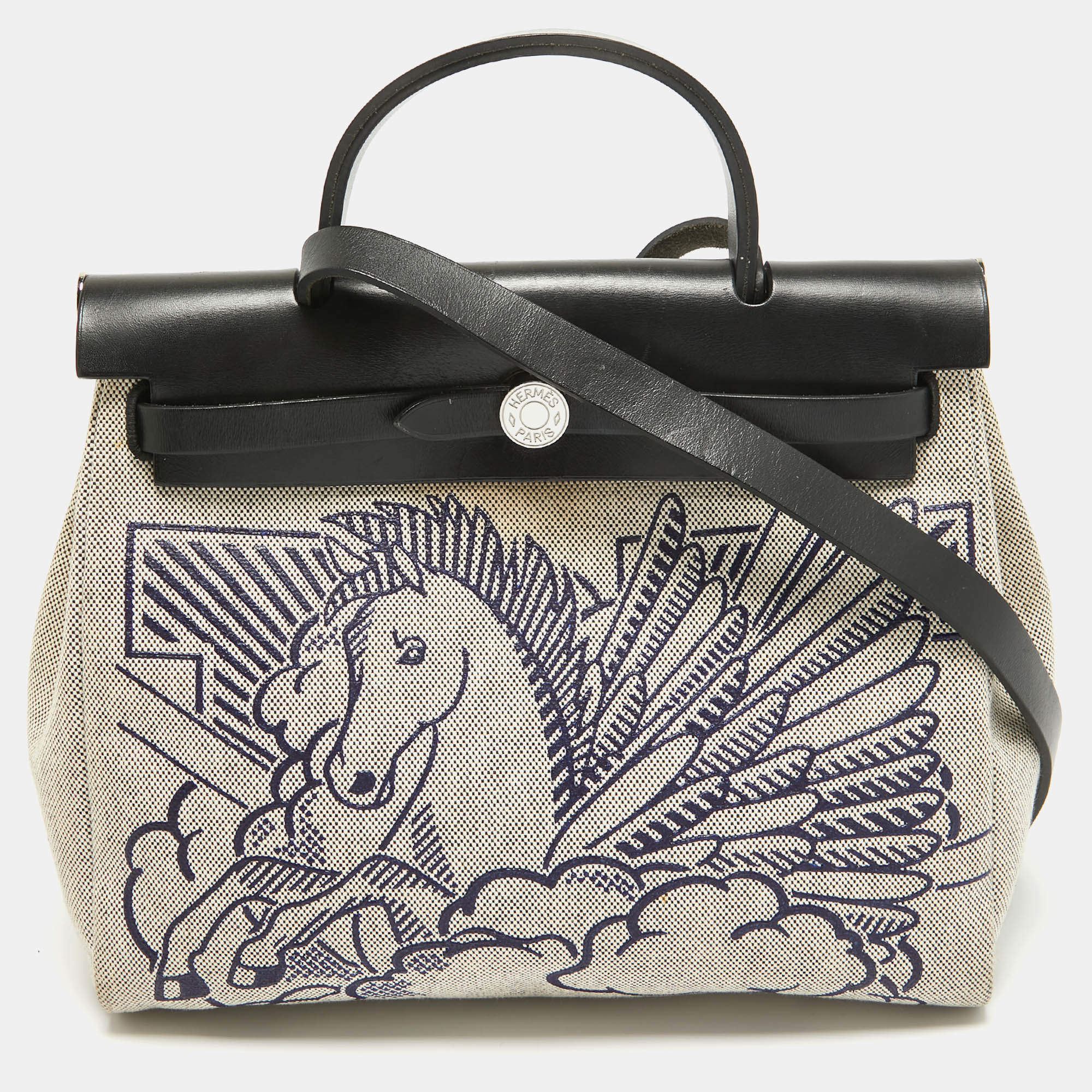 Pre Owned Hermes Ecru/Noir/ Bleu Indigo Toile H and Vache Hunter Pegase Pop Herbag Zip 31 Bag
