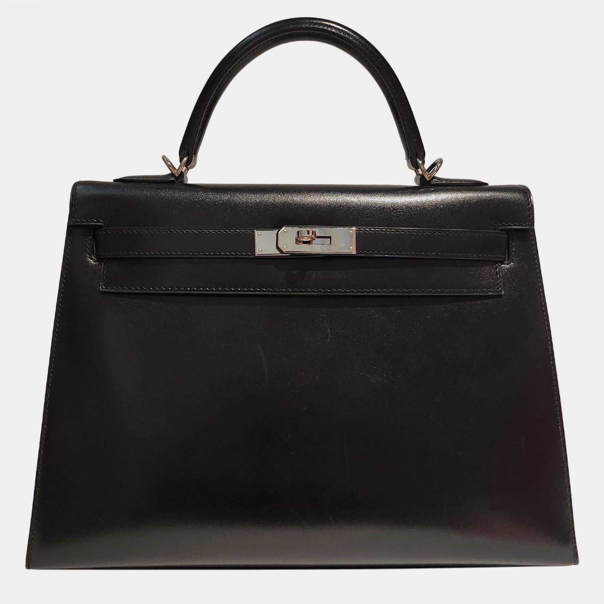 Pre Owned Hermes Black Box Leather Kelly 32 PHW Bag