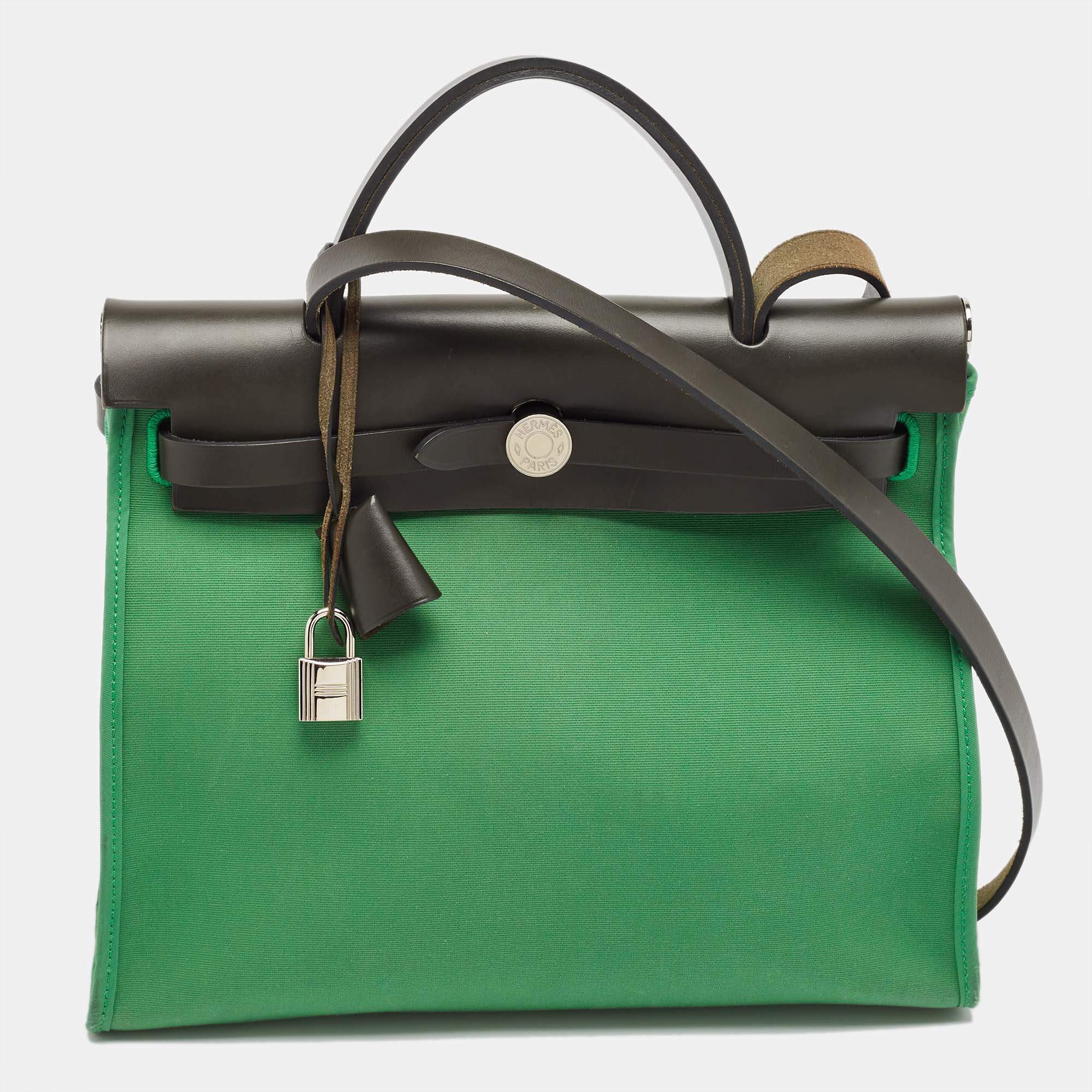 Pre Owned Hermes Bambou/Kaki Toile and Vache Hunter Herbag Zip 31 Bag