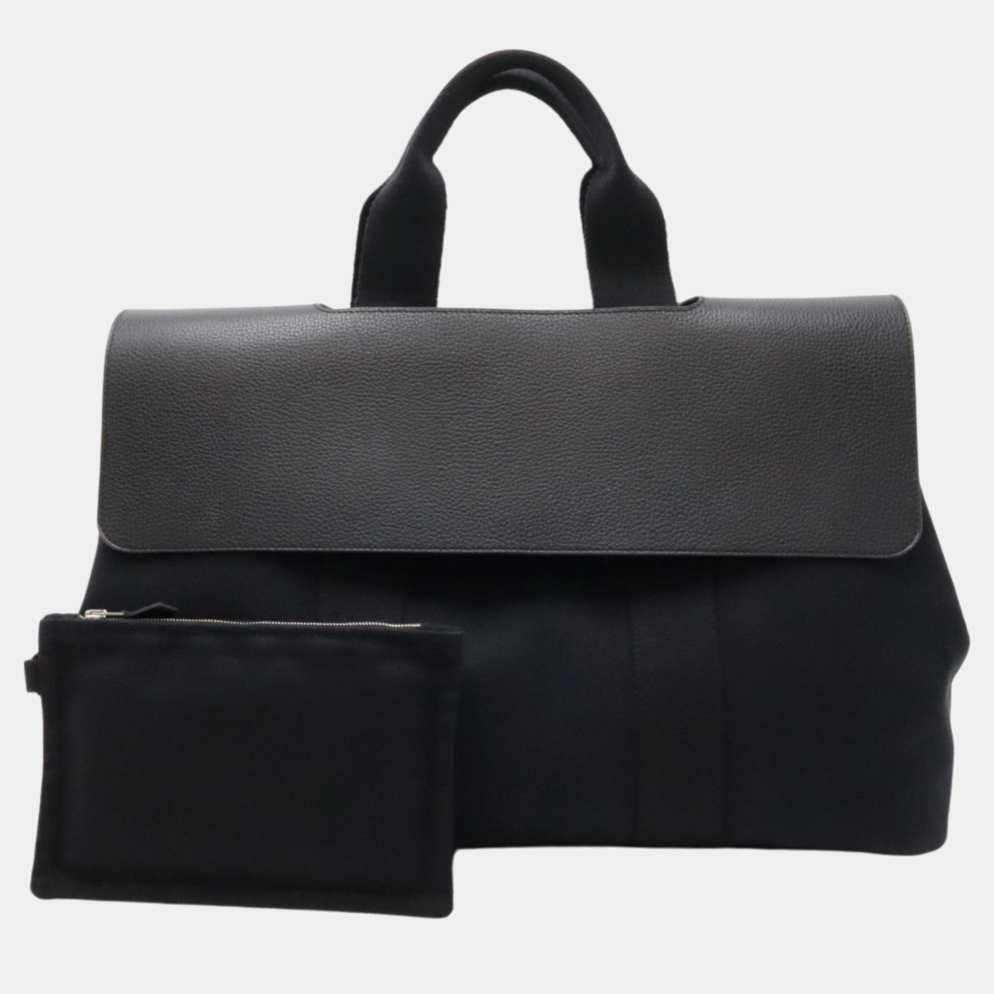 Hermes Valparaiso MM Canvas Leather Tote Bag Black Canvas