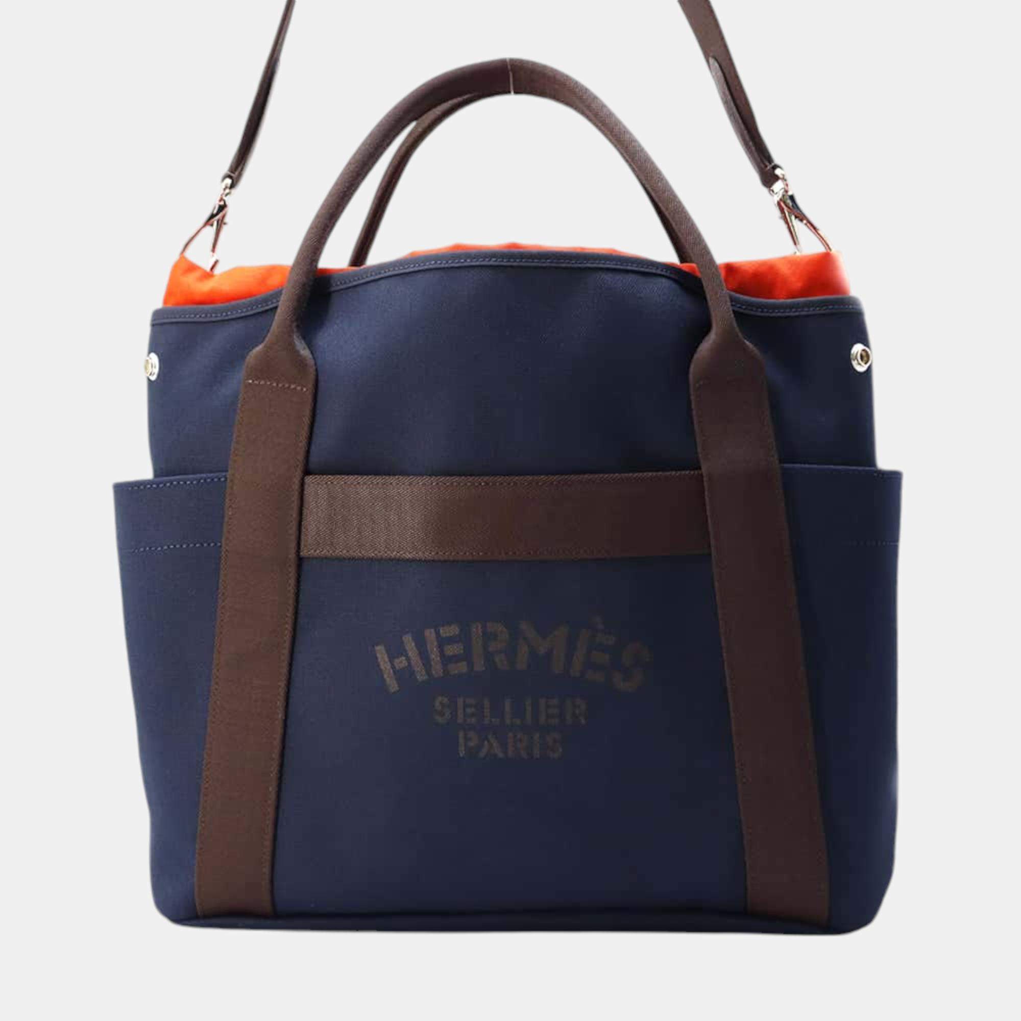 Hermes Sacked Pansage Navy/Feu Toile Chevrons Canvas