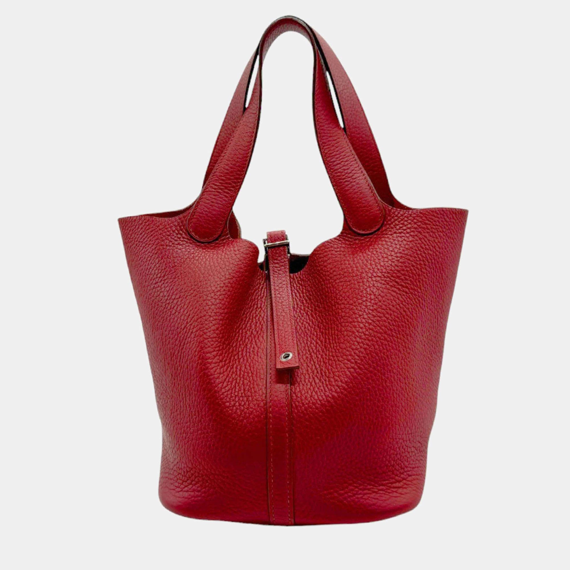 Hermes Rouge Garance Silver Taurillon Clemence Picotin Lock 22 Handbag