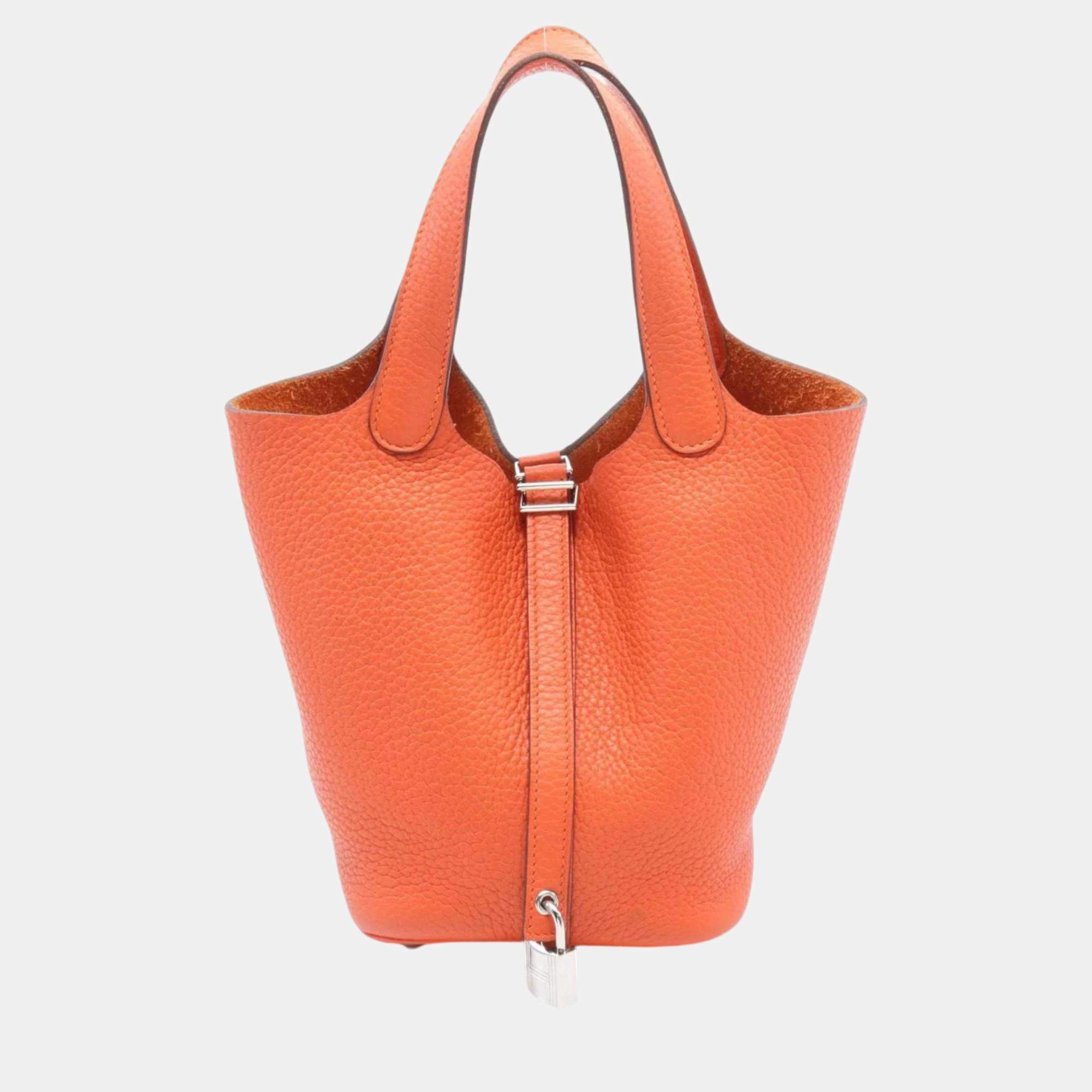 Hermes Orange Togo Picotin Lock PM Handbag