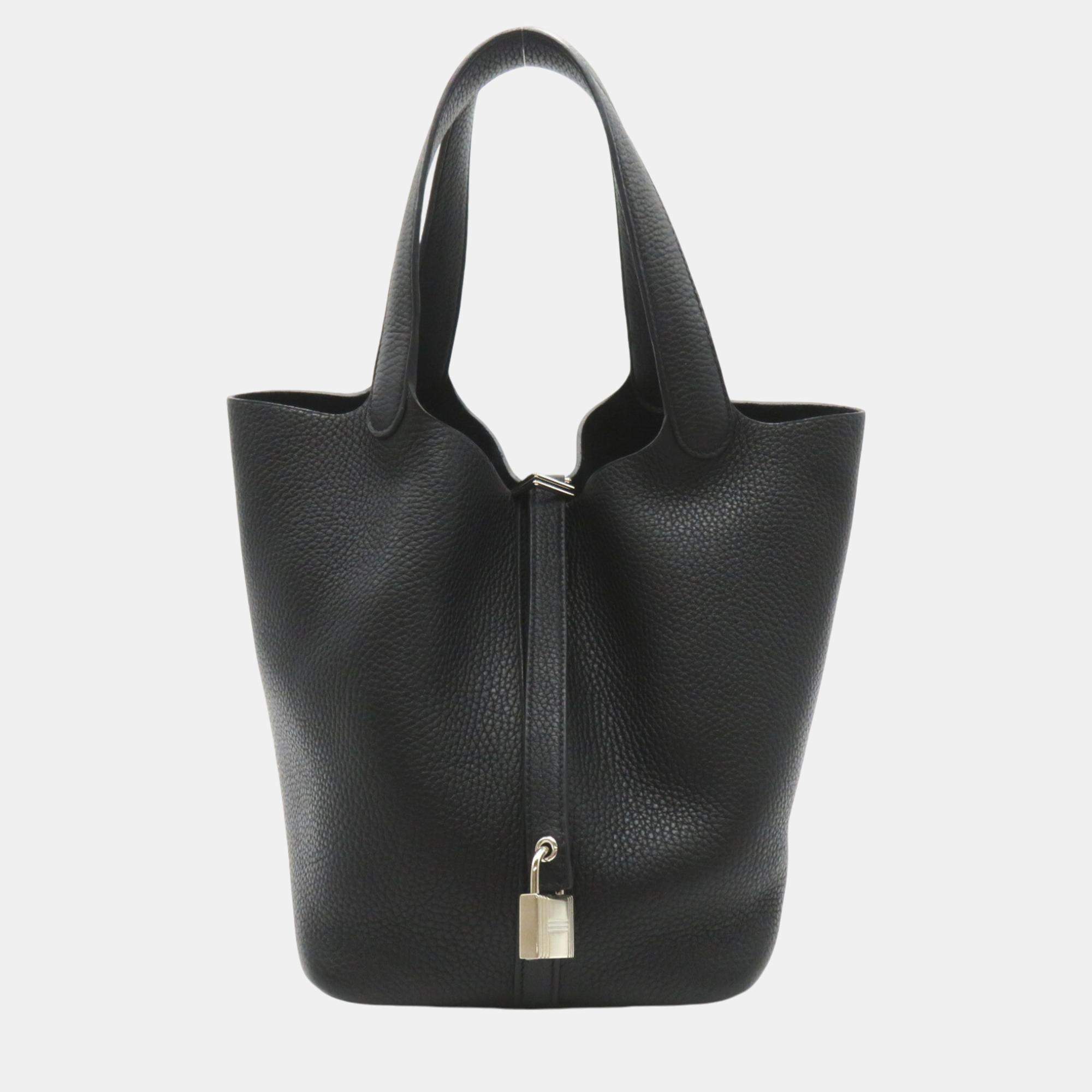 Hermes Black Noir Taurillon Clemence Calfskin (cowhide) Picotin Lock MM bag