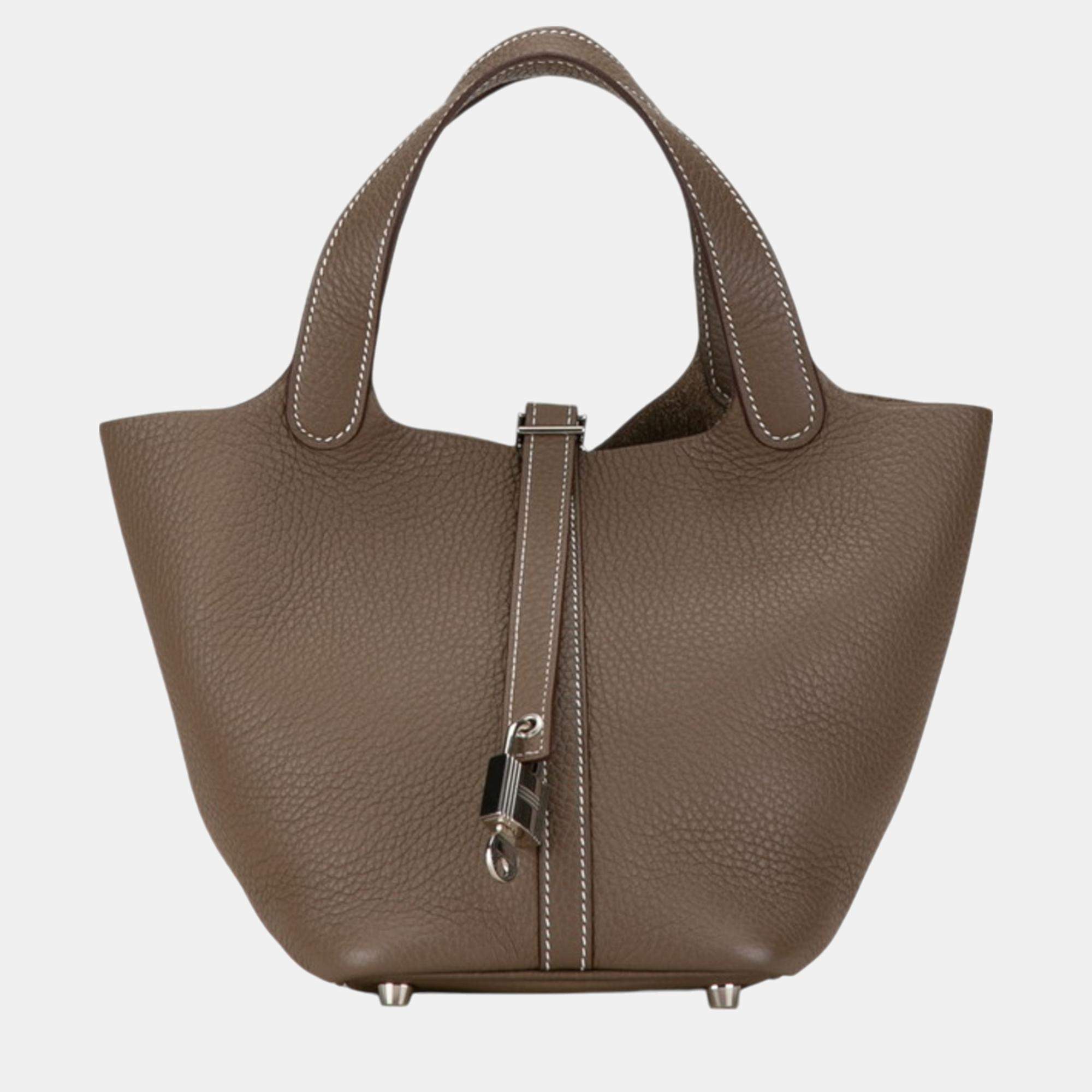 Hermes Etoupe Greige Taurillon Clemence Picotin Lock 18 Handbag