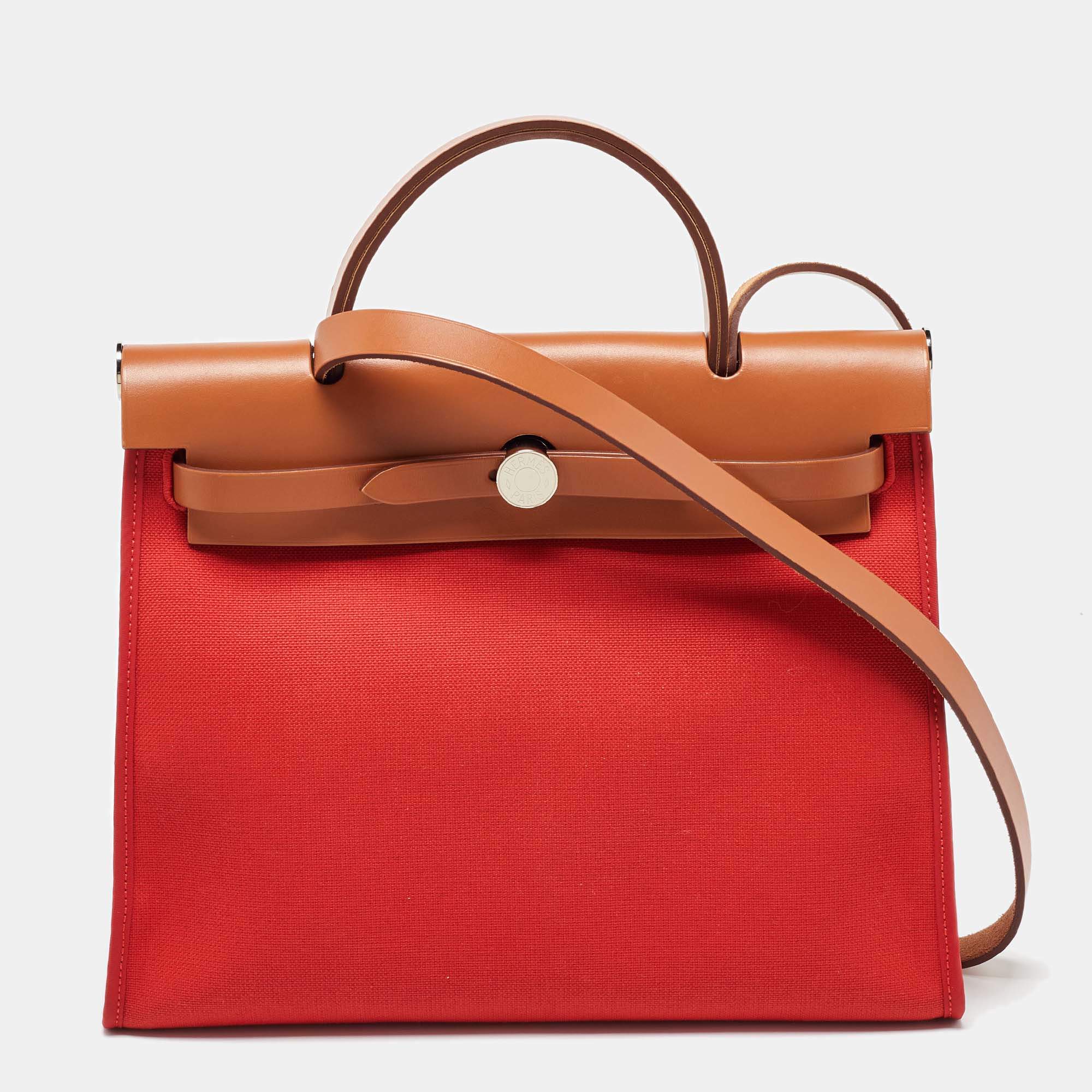 Pre Owned Hermès Rogue Tomate/Natural Toile and Vache Hunter Herbag Zip 31 Bag