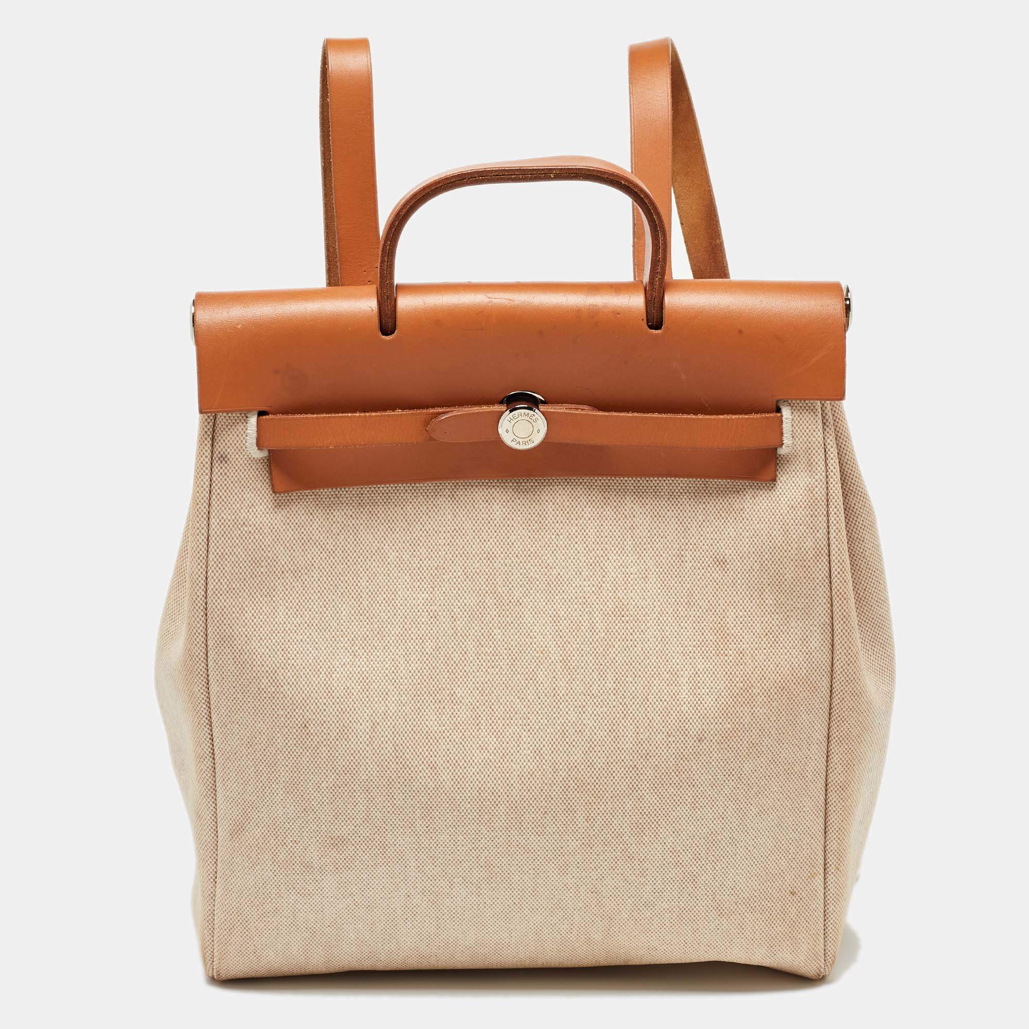 Pre Owned Hermes Natural/Toile Canvas and Vache Hunter Herbag 2 in 1 Backpack