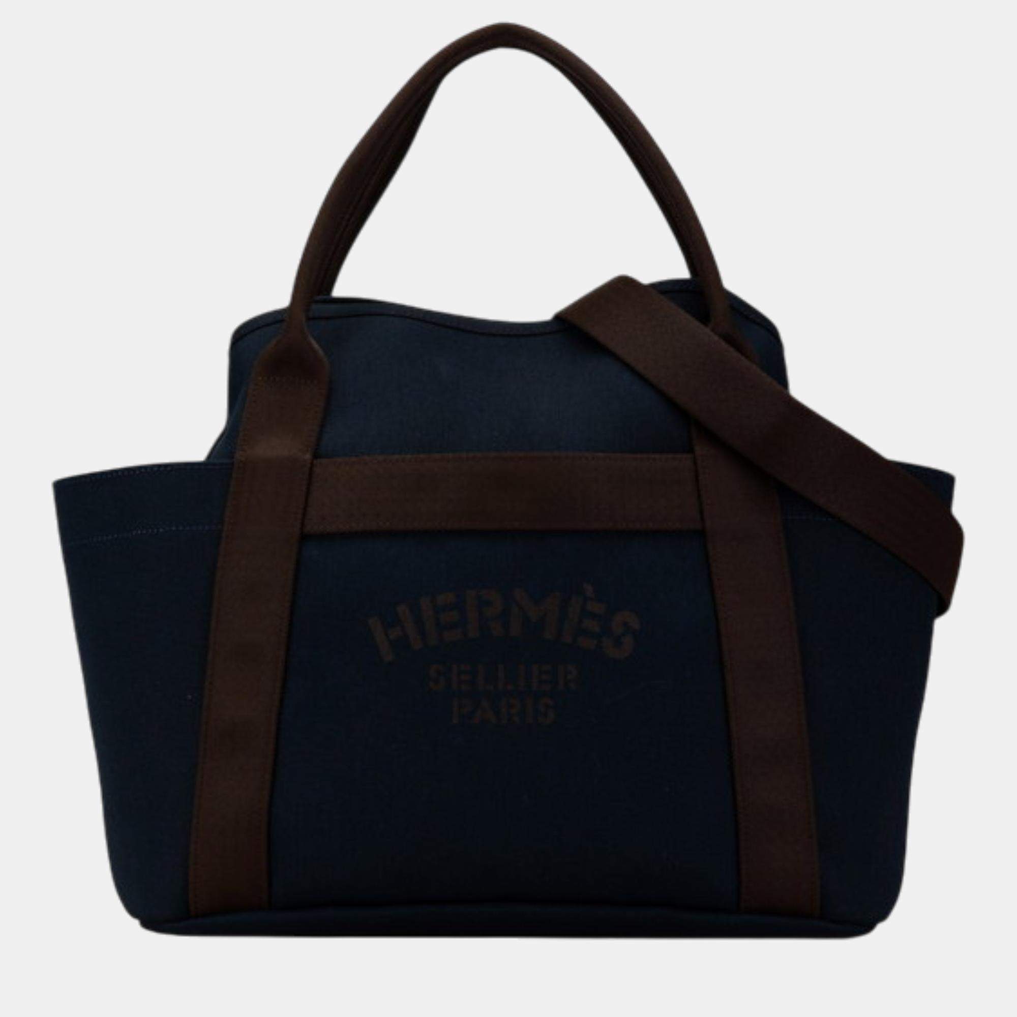 Hermes Canvas Leather Tote Bag Blue Canvas