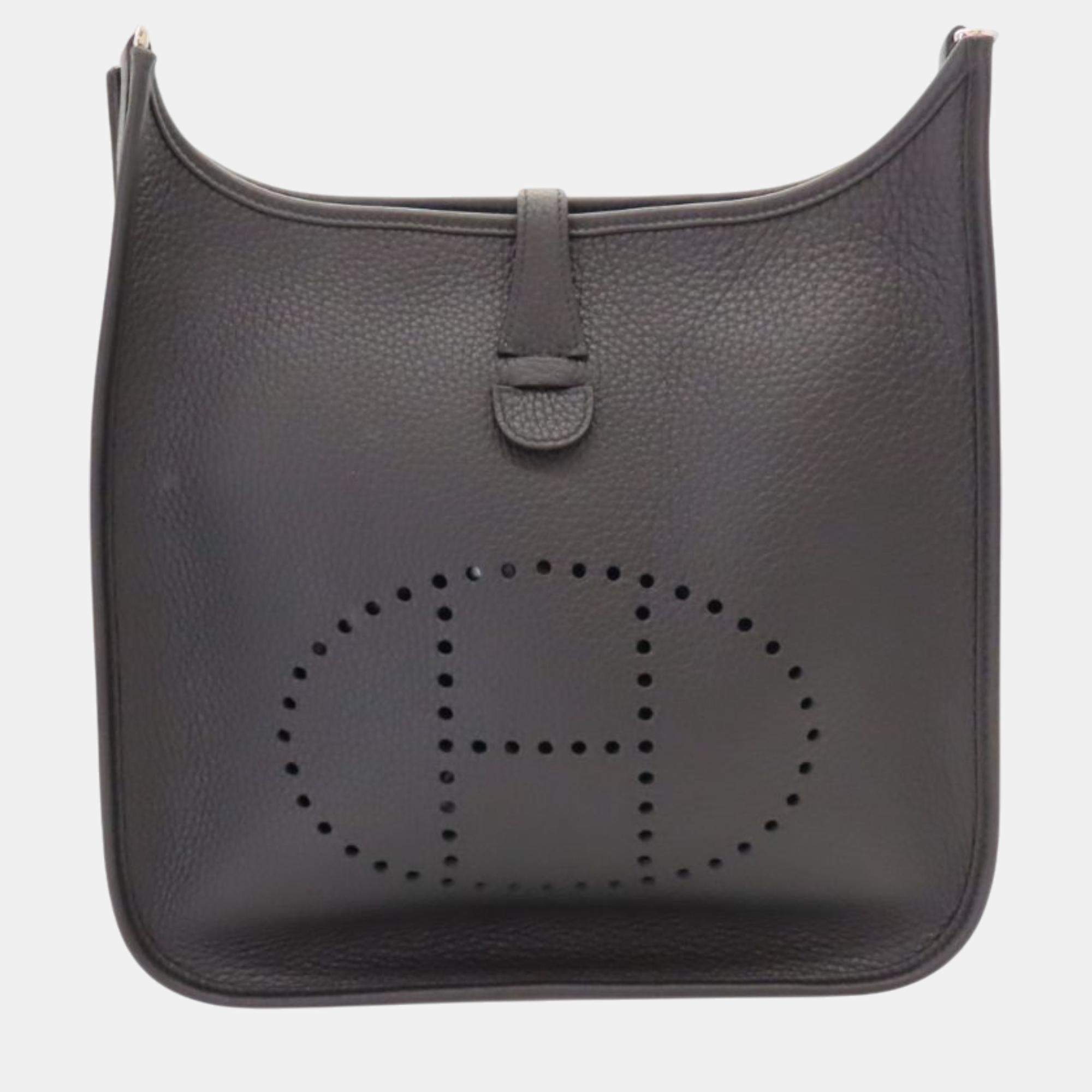 Hermes Evelyne 3 PM Noir Shoulder Bag Grey Leather