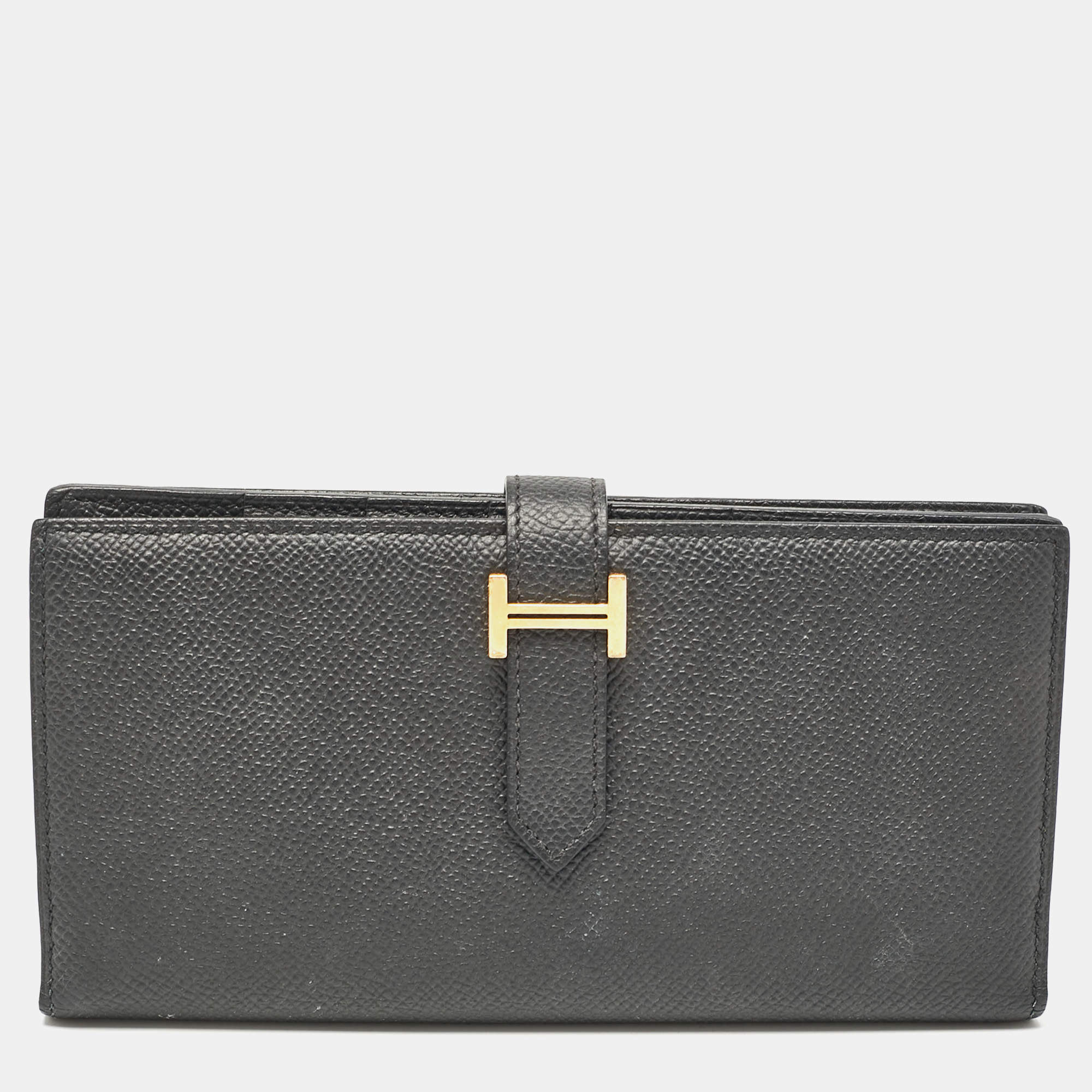 Hermes Black Epsom Leather Gold Finish Bearn Wallet