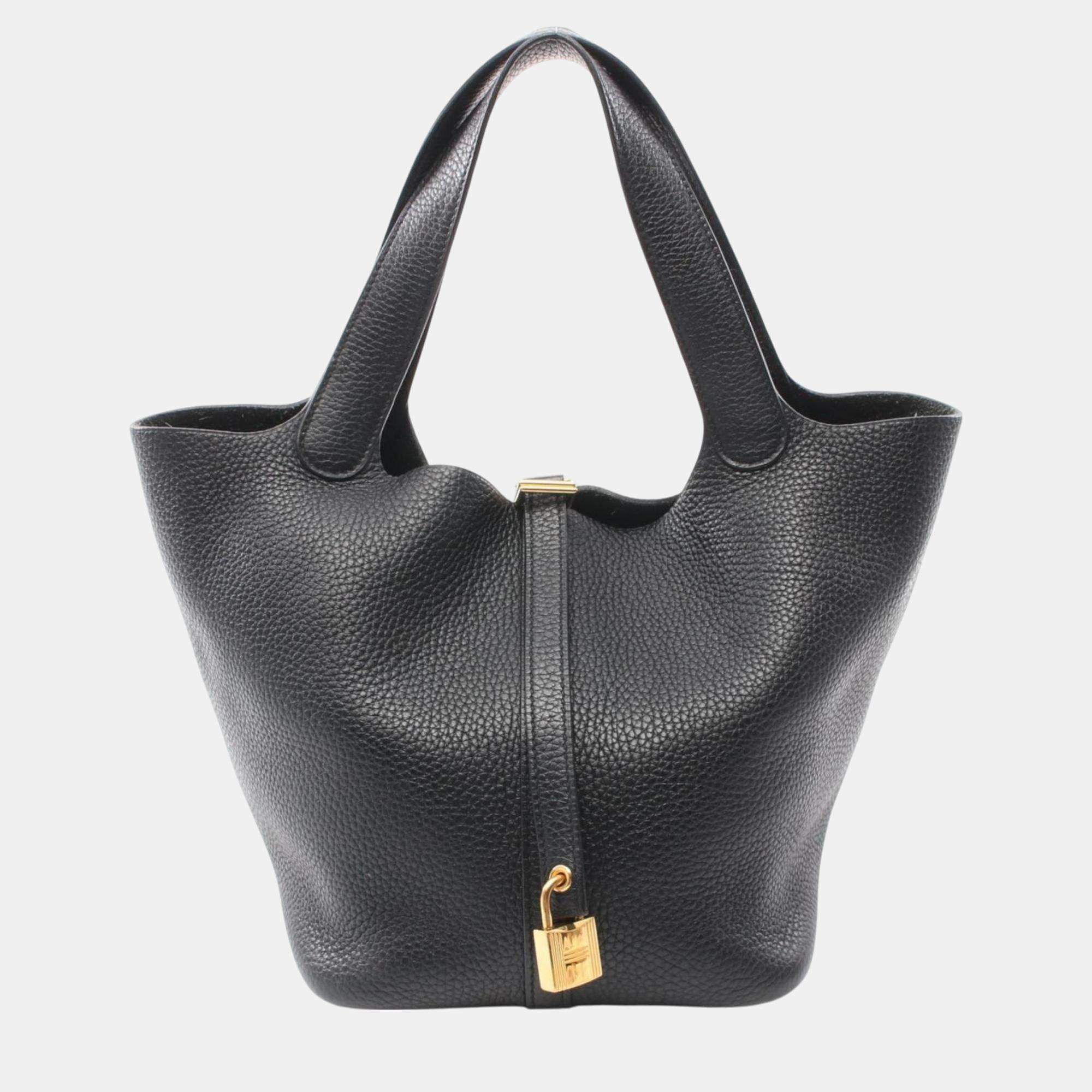 Hermes Black Taurillon Clemence Picotin Lock MM Handbag