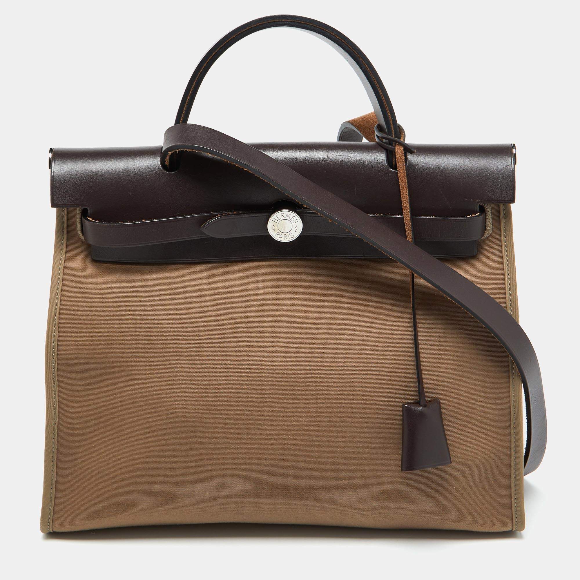 Pre Owned Hermes Etoupe Grey/Cafe Canvas and Leather Herbag Zip 31 Bag