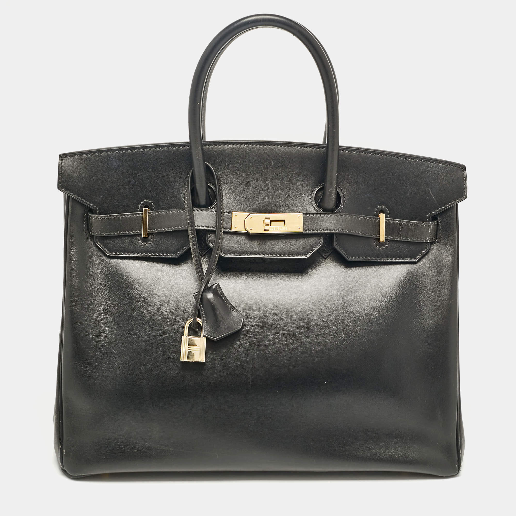 Hermes Noir Box Leather Gold Finish Birkin 35 Bag