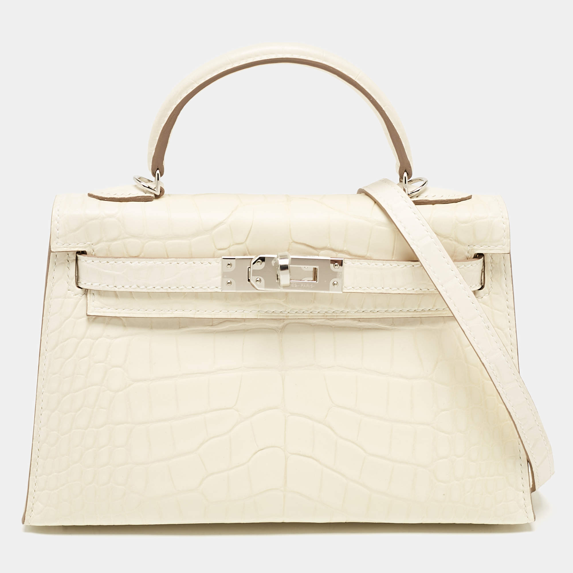 Pre Owned Hermes Nata Matte Alligator Mississippiensis Palladium Finish Mini Kelly II Sellier 20 Bag