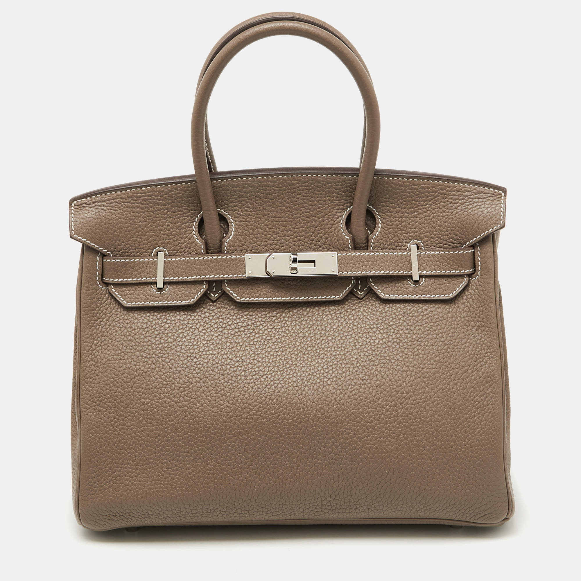 Pre Owned Hermes Etoupe Grey Taurillon Clemence Leather Palladium Finish Birkin 30 Bag