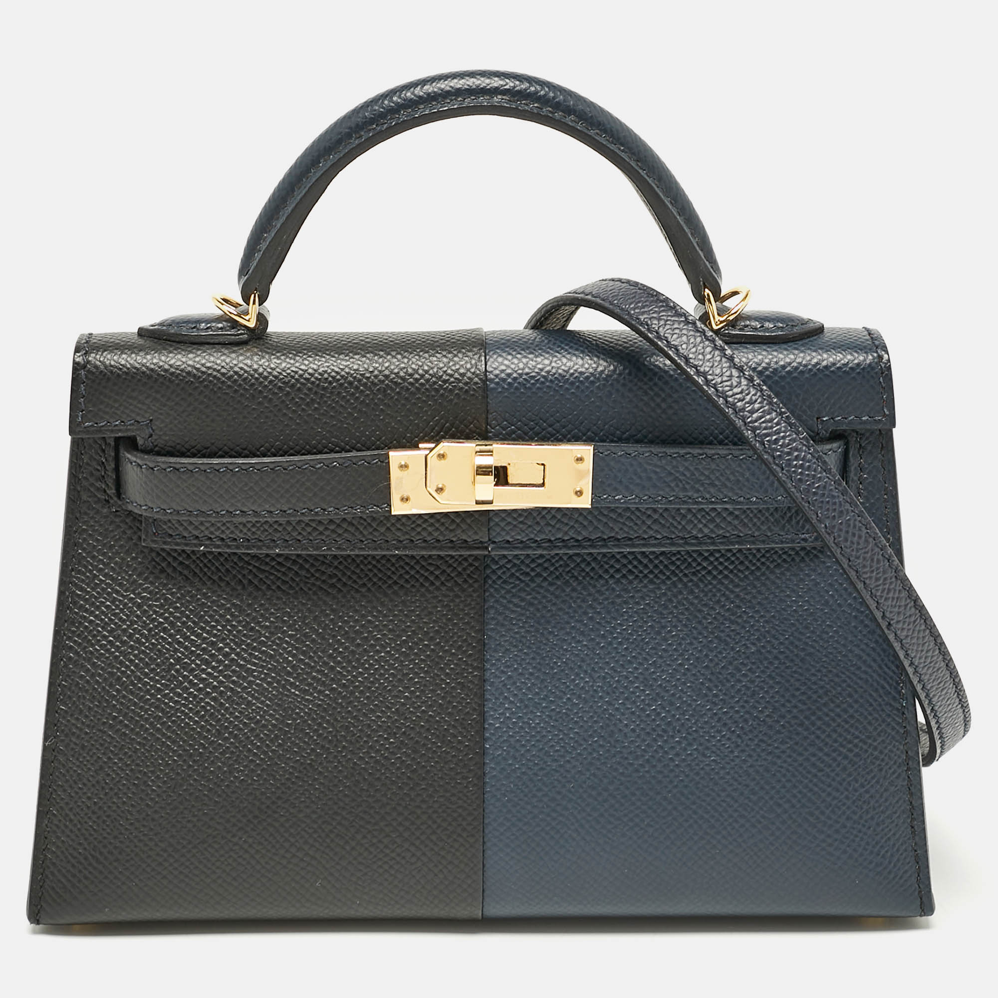 Hermès Noir/Bleu Indigo Epsom Leather Gold Finish Mini Kelly II Sellier 20 Bag