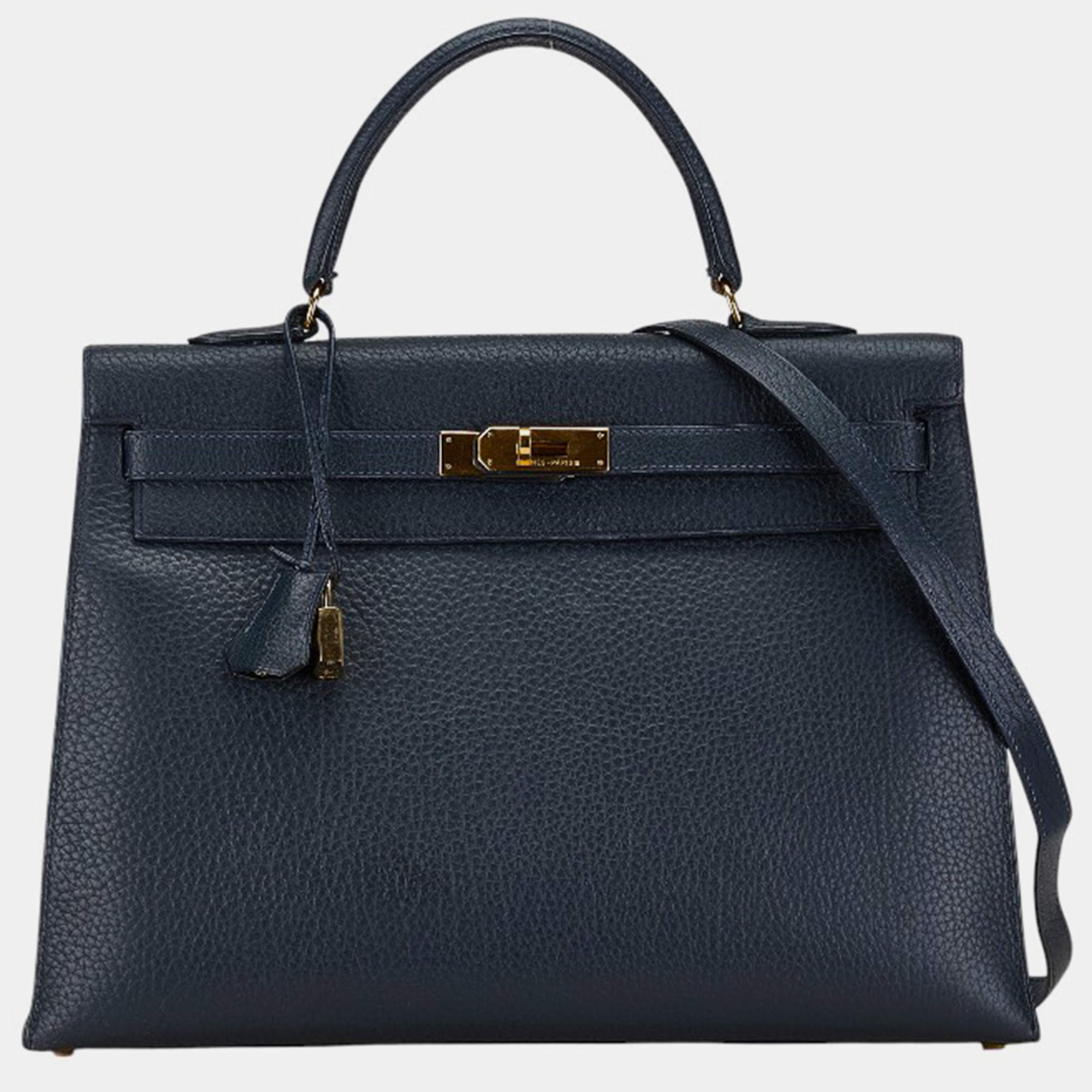Hermes Navy Blue Leather Kelly 35 Tote Bag