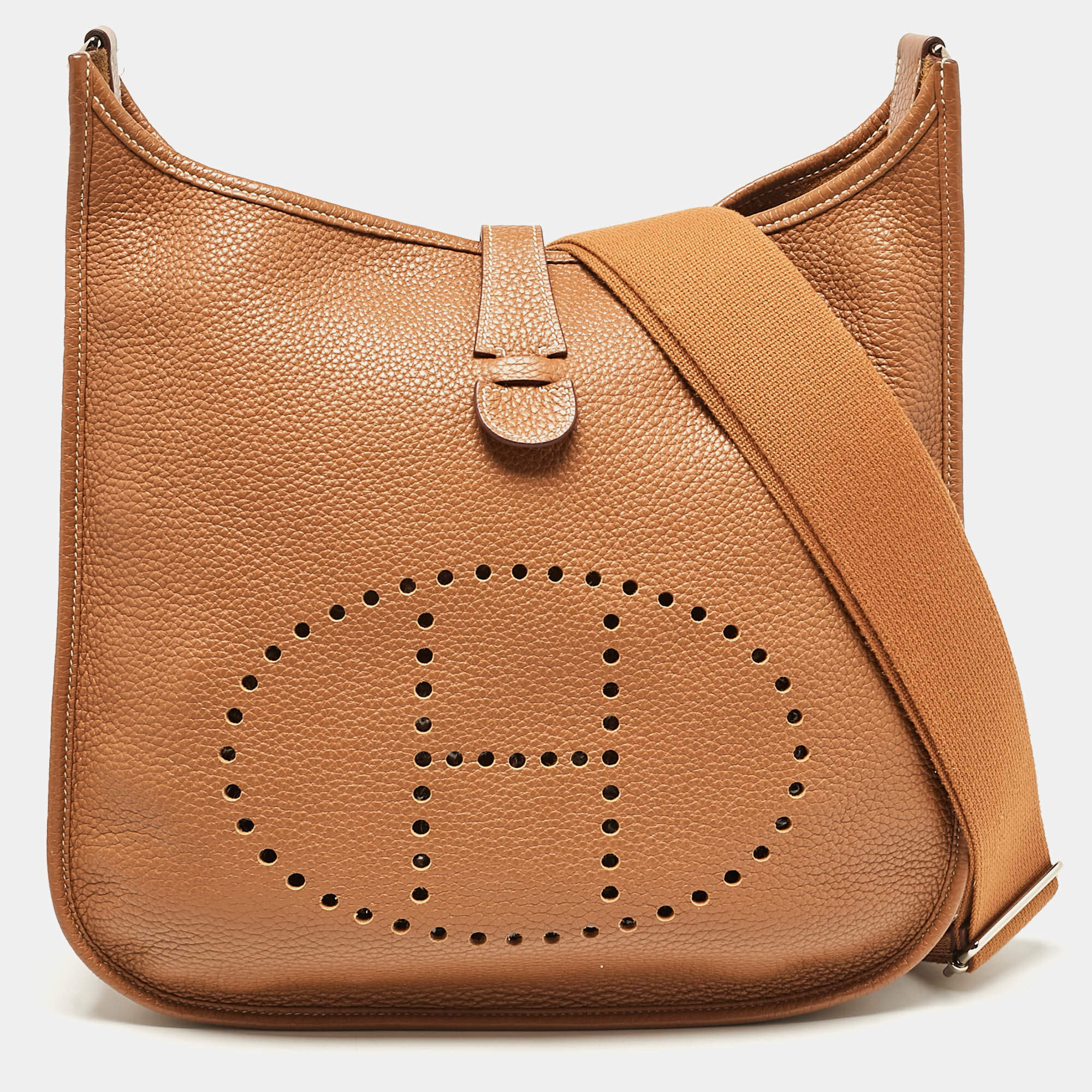 Pre Owned Hermes Gold Taurillon Clemence Leather Evelyne III GM Bag