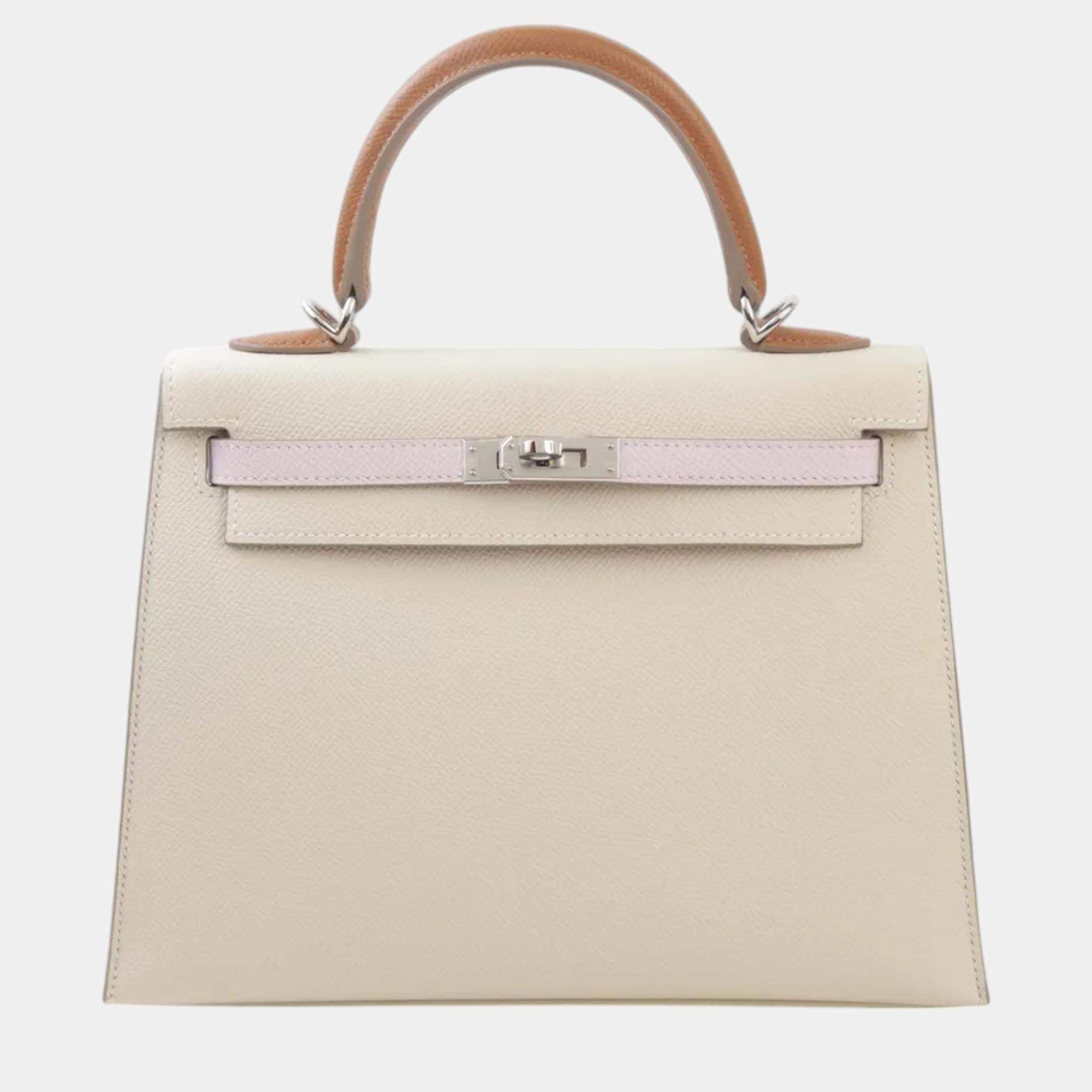 Hermes Craie/Gold/Mauve Epsom Leather Palladium Finish Kelly Sellier 25