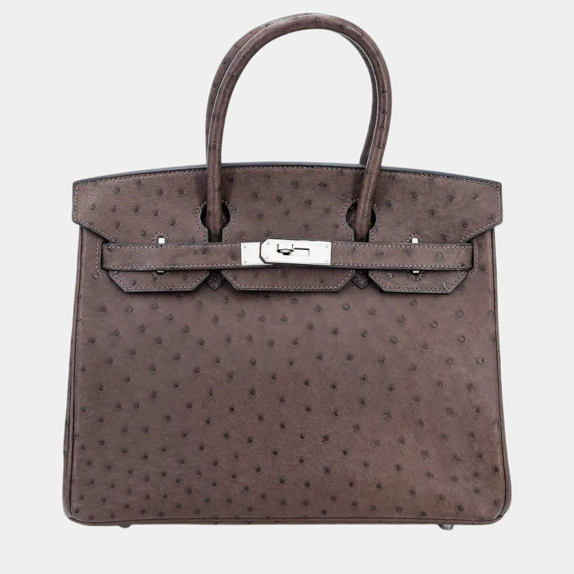 Pre Owned Hermes Ebene Ostrich Leather Birkin 30 Bag