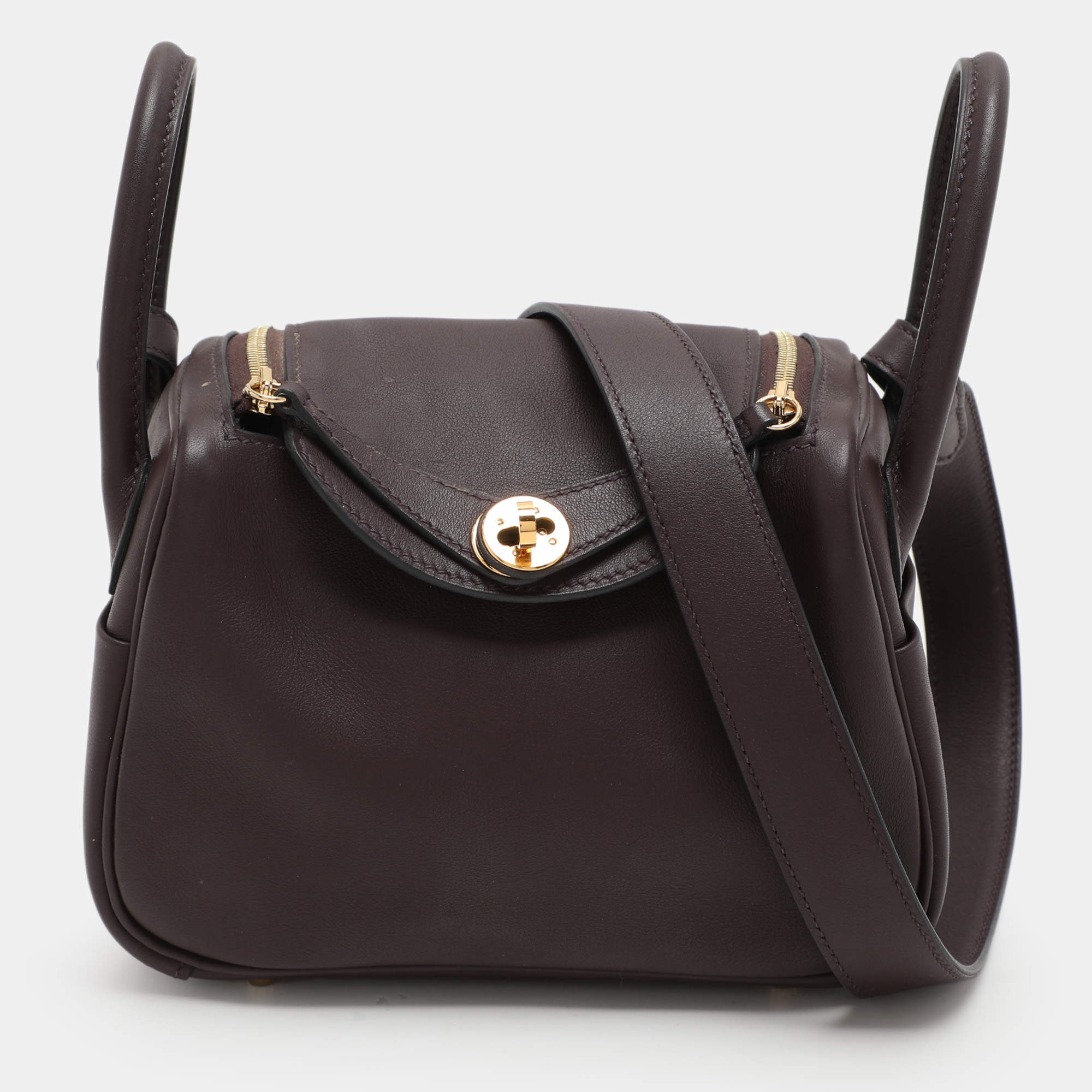 Hermes Rouge Sellier Swift Leather Gold Finish Mini Lindy Shoulder Bag