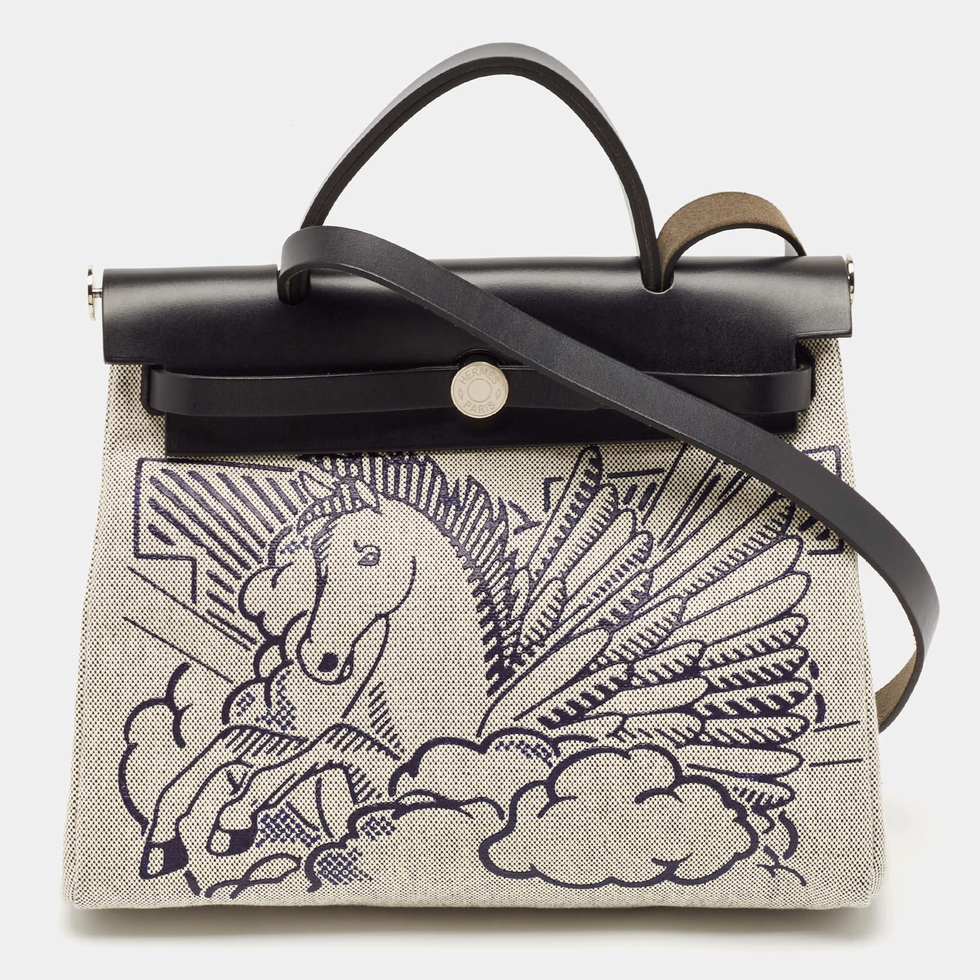Hermès Ecru/Noir/ Bleu Indigo Toile H and Vache Hunter Pegase Pop Herbag Zip 31 Bag