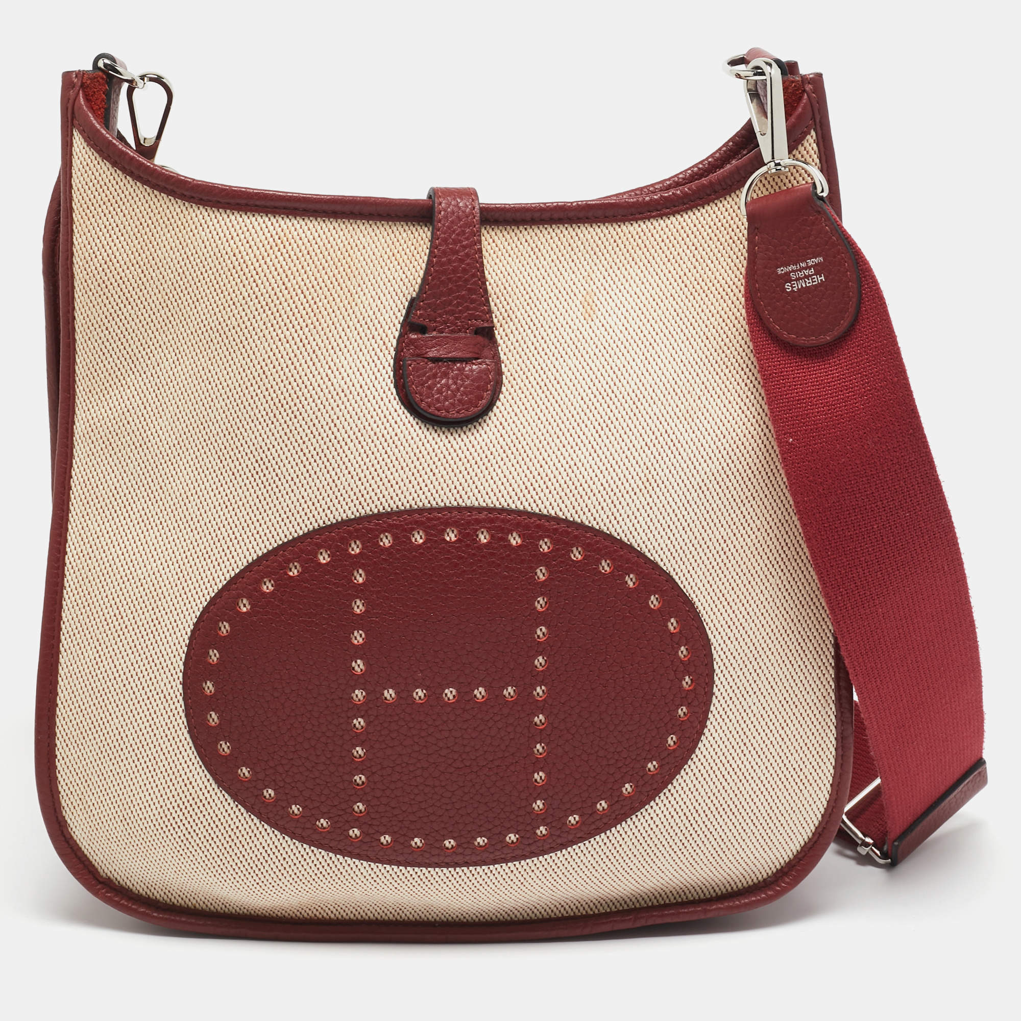 Hermes Rouge H/Beige Taurillon Clemence Leather and Canvas Evelyne III PM Bag