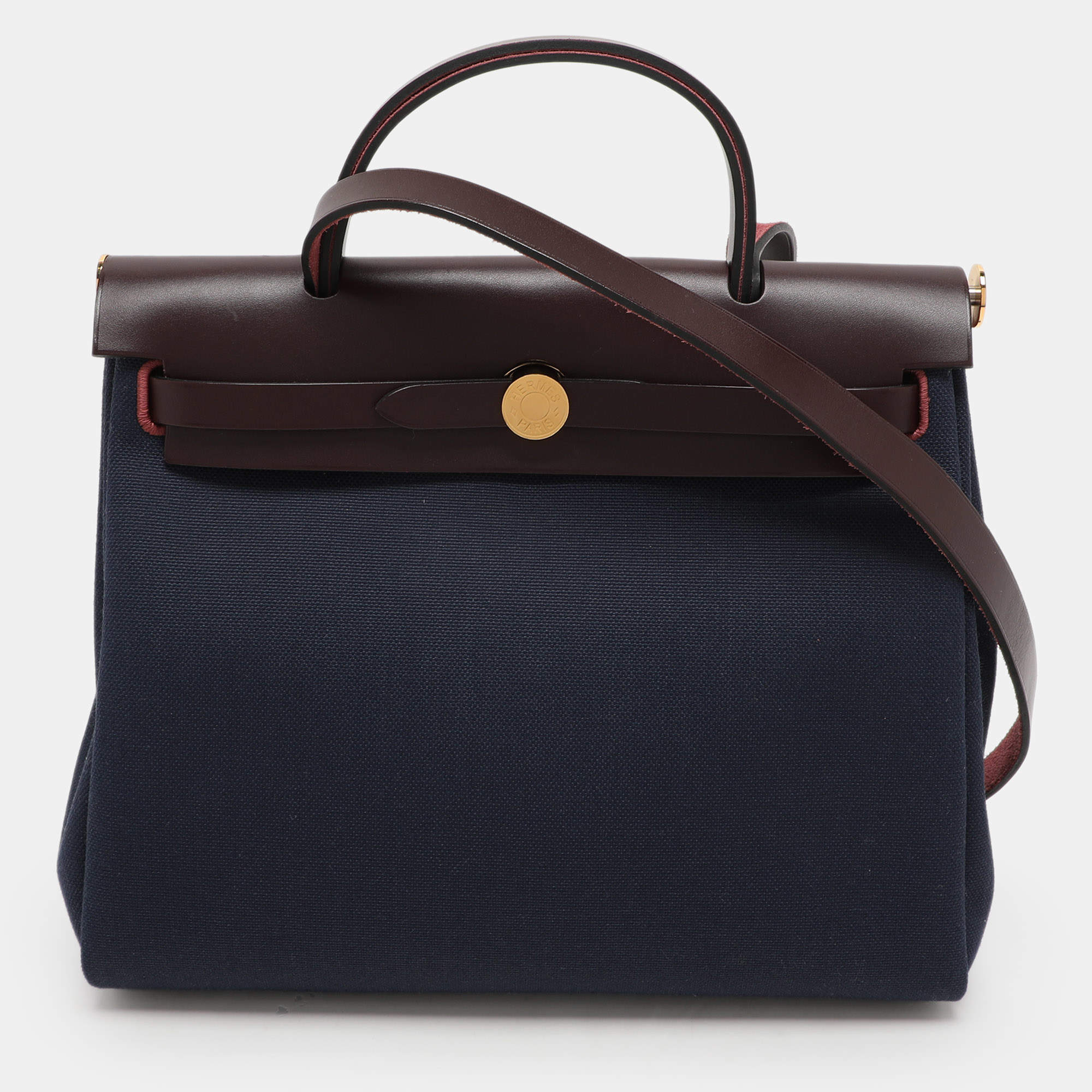 Pre Owned Hermès Navy Blue/Brown Toile Canvas and Leather Herbag Zip 31 Bag