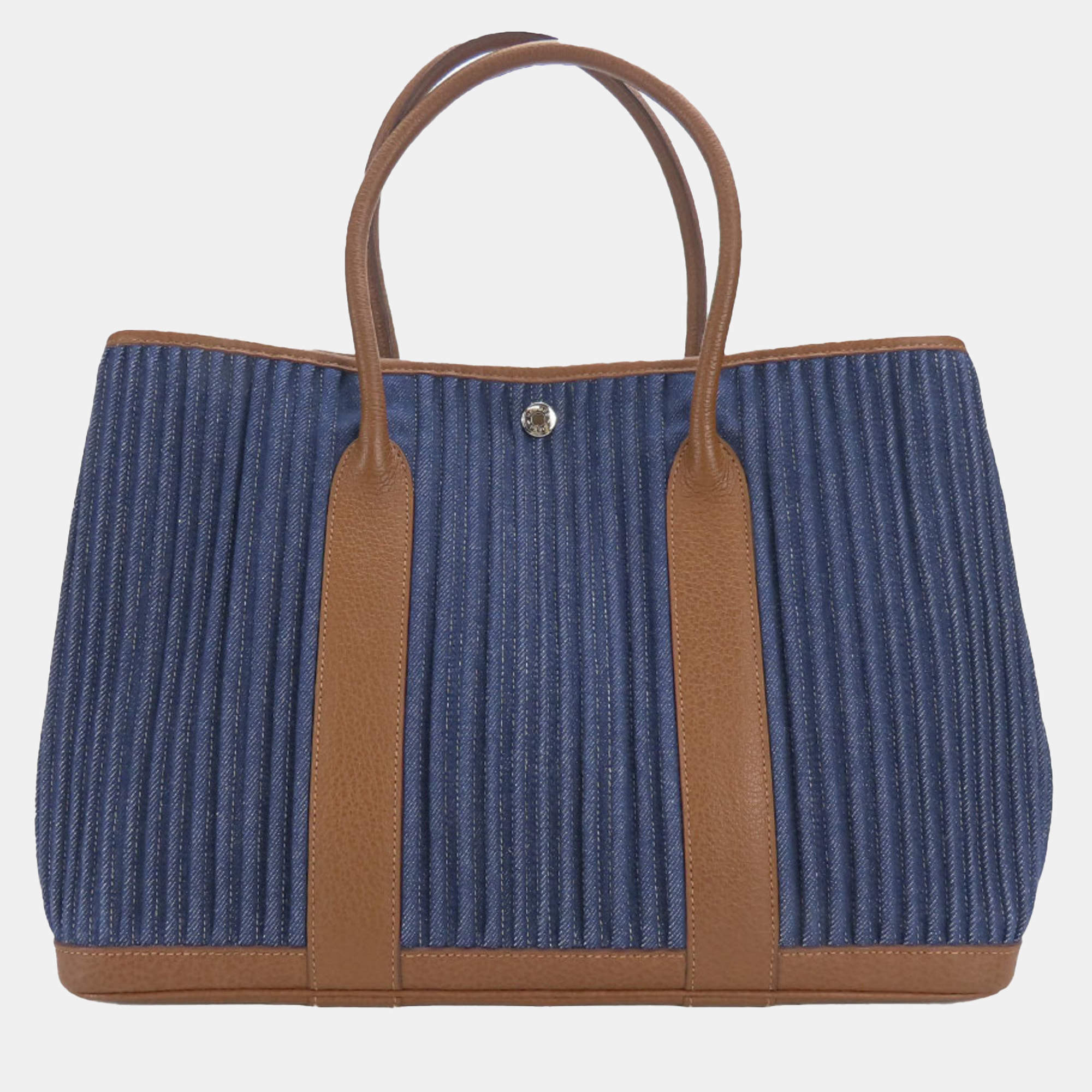 Hermes Tote Bag Garden 36 Denim Leather Pal Blue Indigo Indian Brown