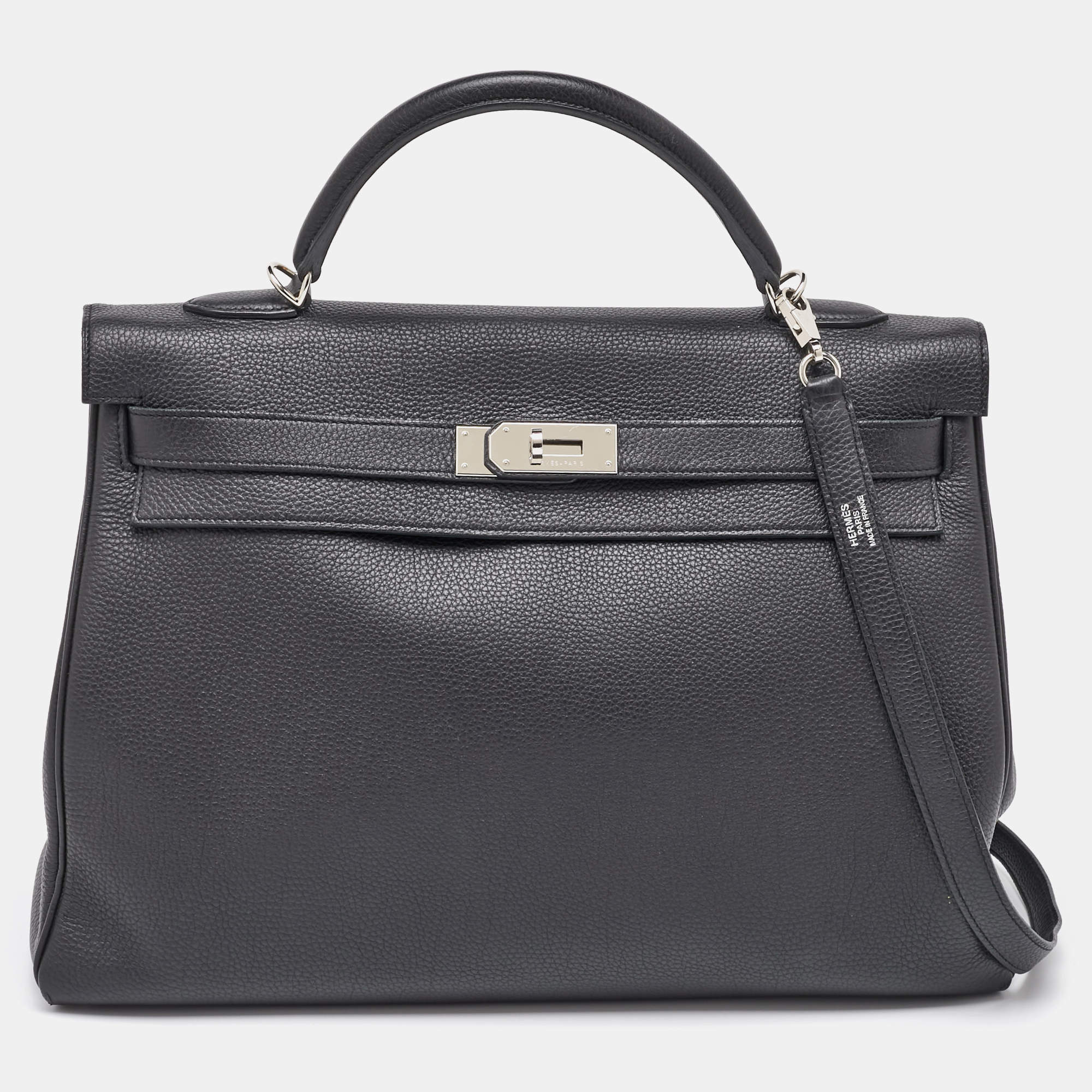 Hermes Black Togo Leather Palladium Finish Kelly Retourne 40 Bag