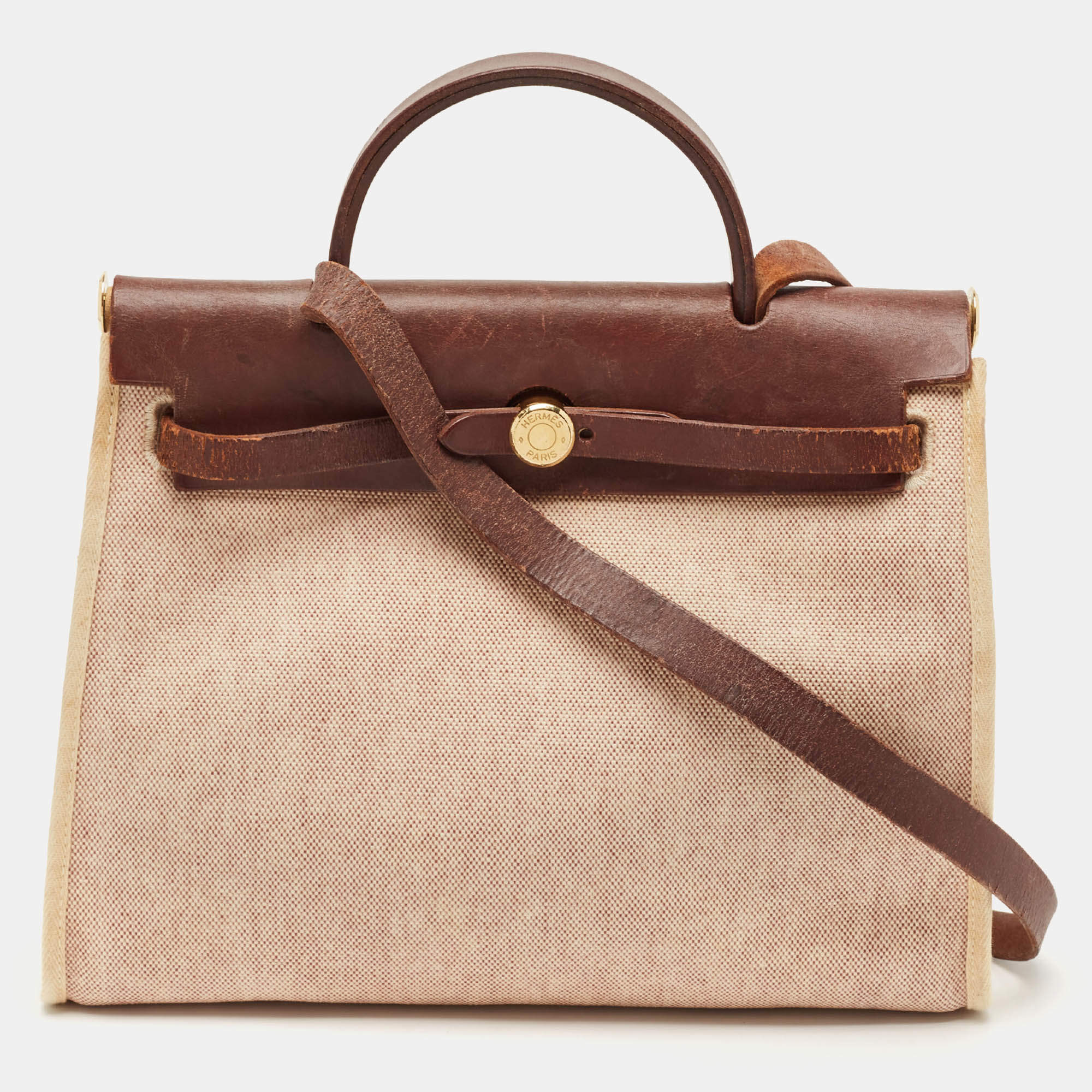 Hermès Marron Fonce Toile Canvas and Leather Herbag 31 Bag
