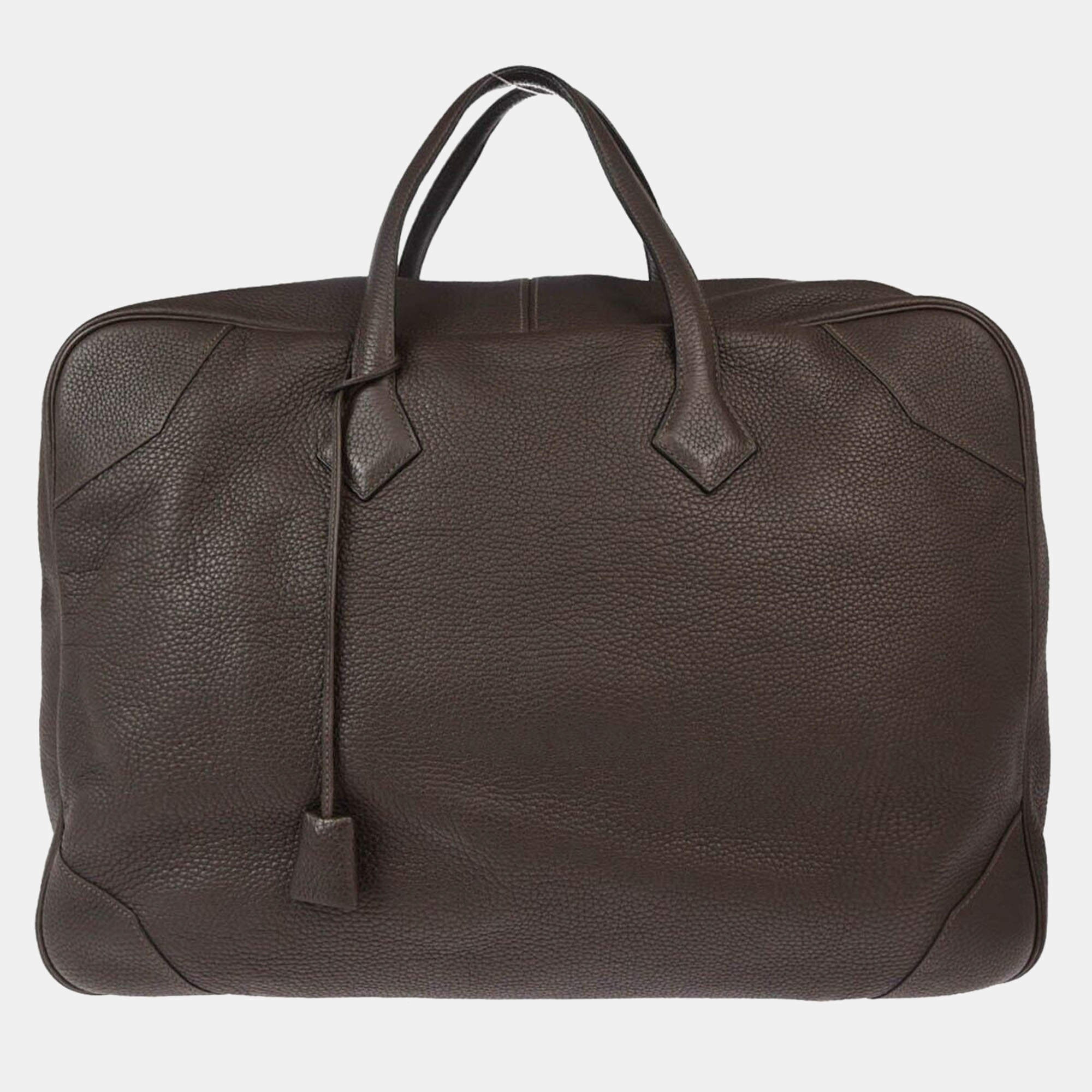 Pre Owned Hermes Chocolat Taurillon Clemence Victoria 50 Handbag