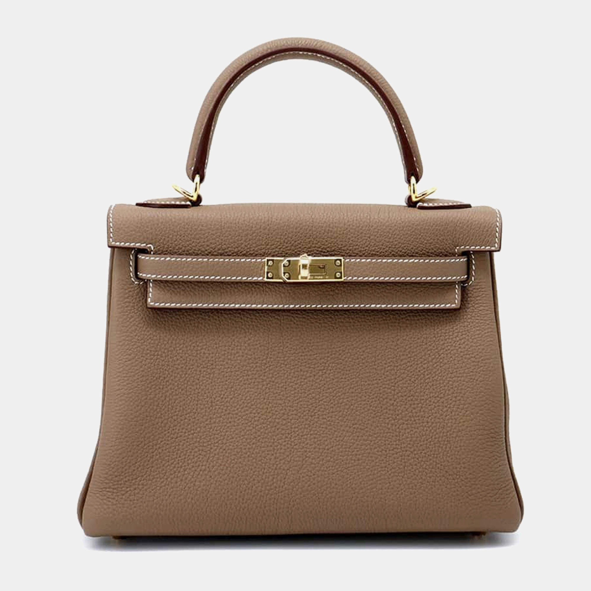 Hermes Etoupe Togo Leather 25 Kelly Top Handle Bag