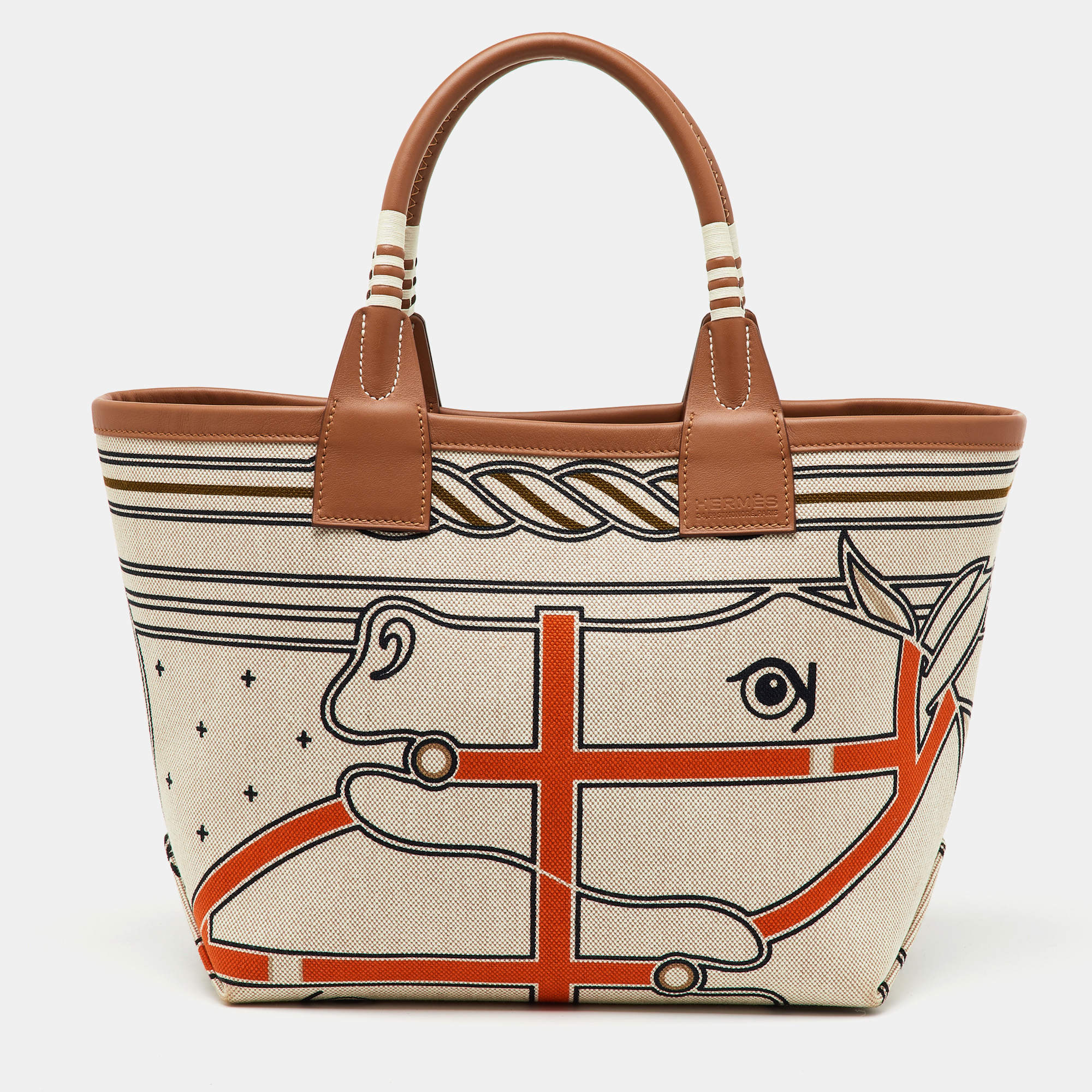 Hermès Gris/Beige/Écru/Beige/Gold H Plume Canvas "Quadrige au Fil" and Swift Leather Steeple 25 Bag