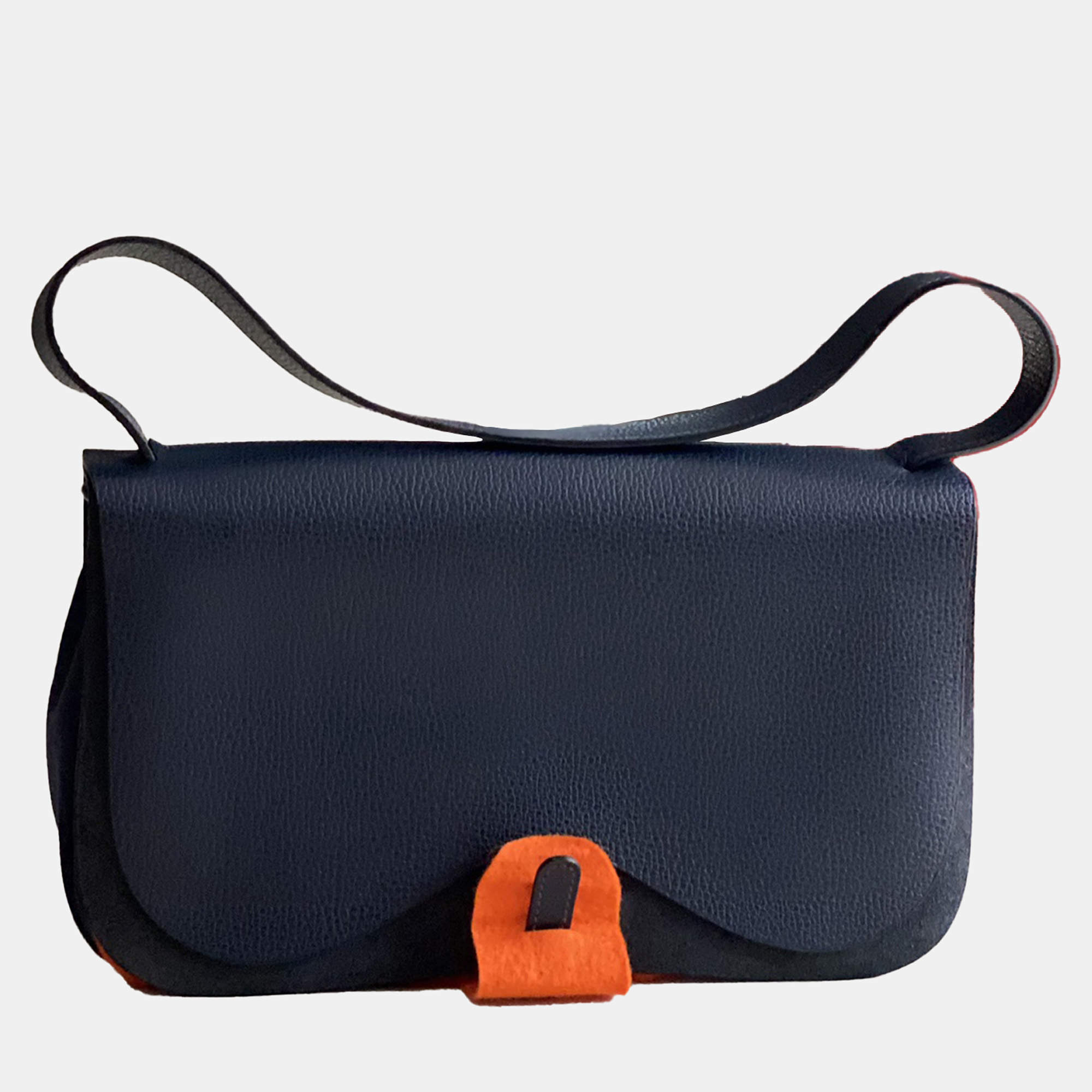 Hermes Colorado Canvas Leather Trim Dark Blue Saddle Bag