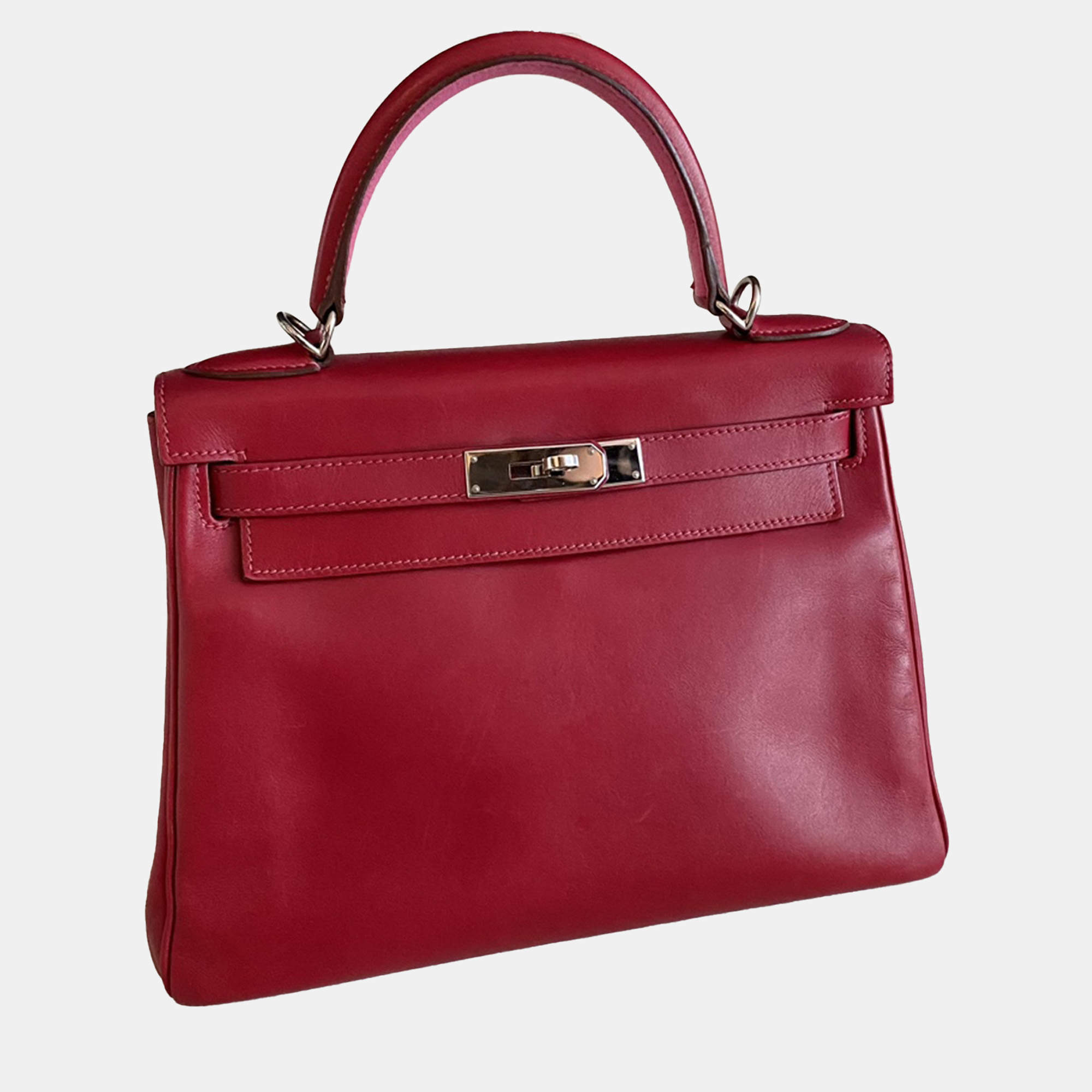 Hermes Red Leather Kelly 28 Top Handle Bag