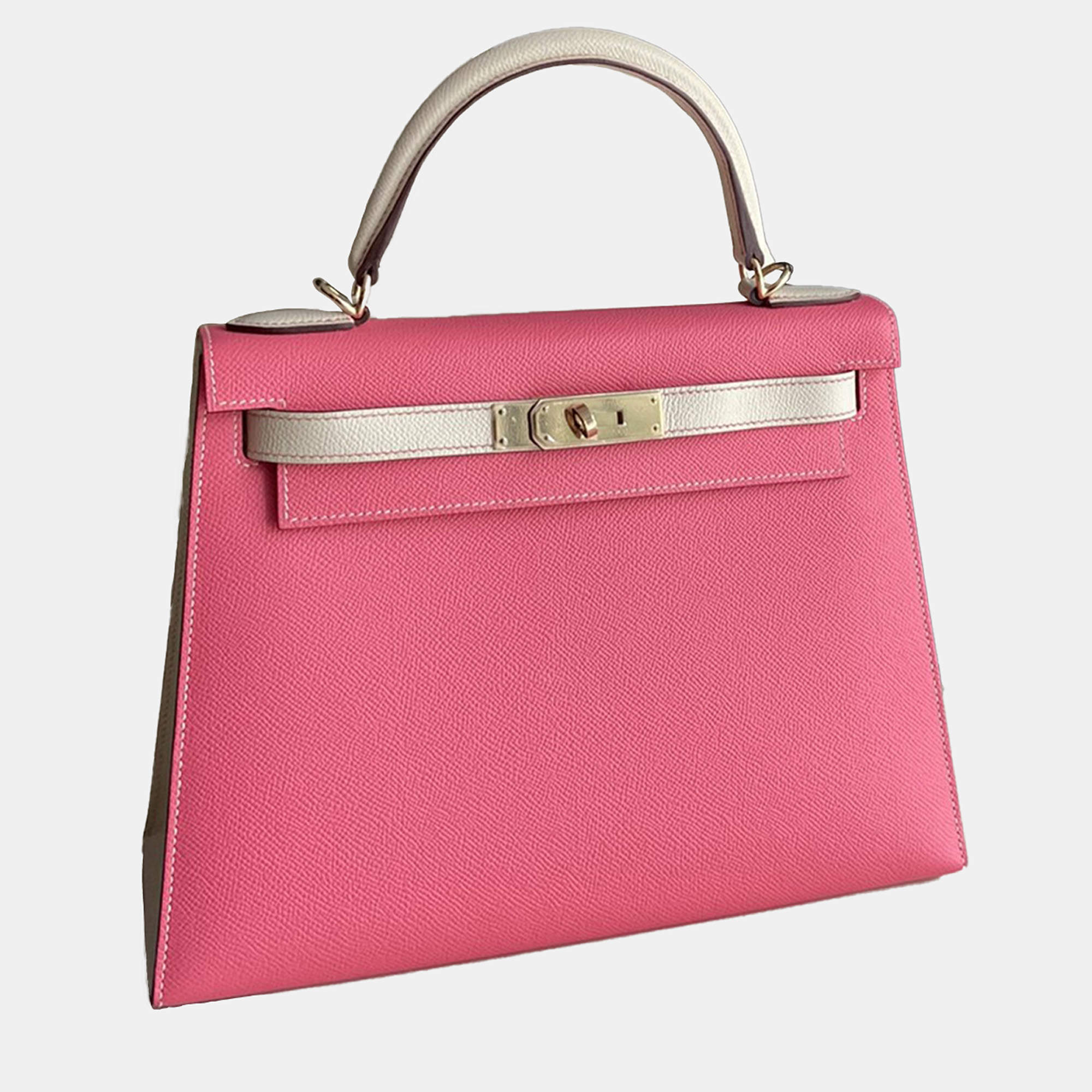 Hermes Gris Pale and Nata Epsom Leather Kelly 28 Top Handle Bag