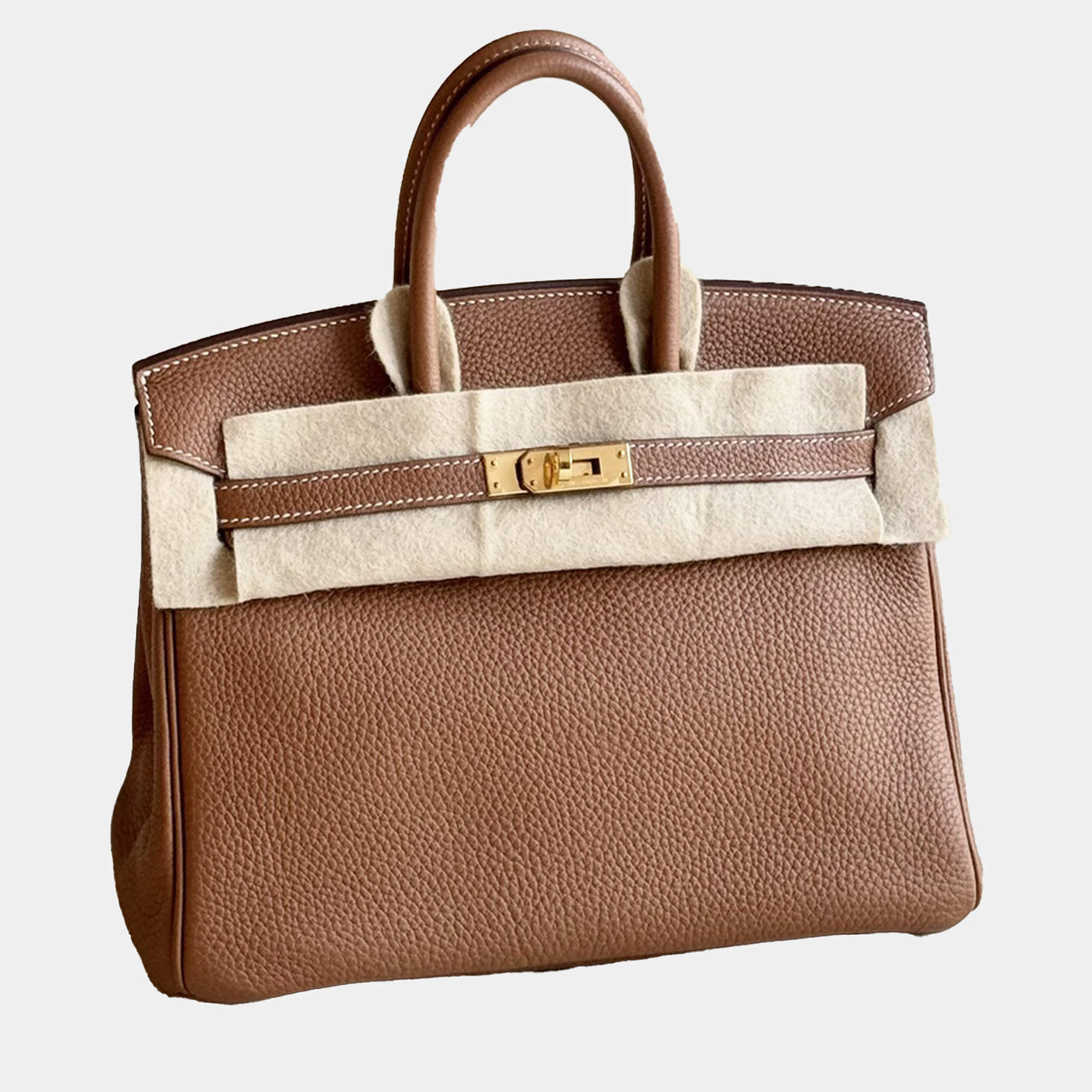 Hermes Gold/Brown Togo Leather Brikin 25 Top Handle Bag