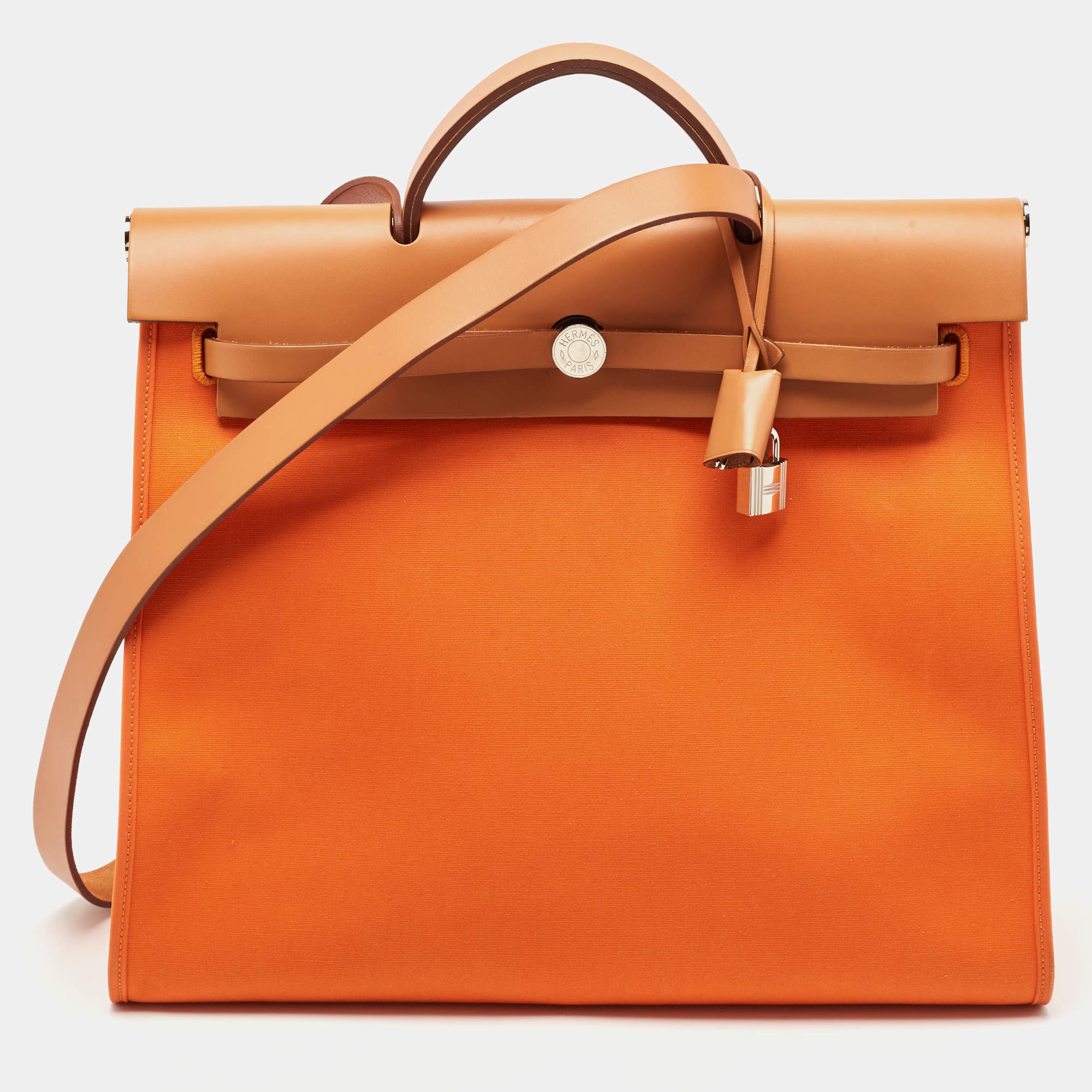 Pre Owned Hermès Orange/Natural Toile and Vache Hunter Herbag Zip 39 Bag