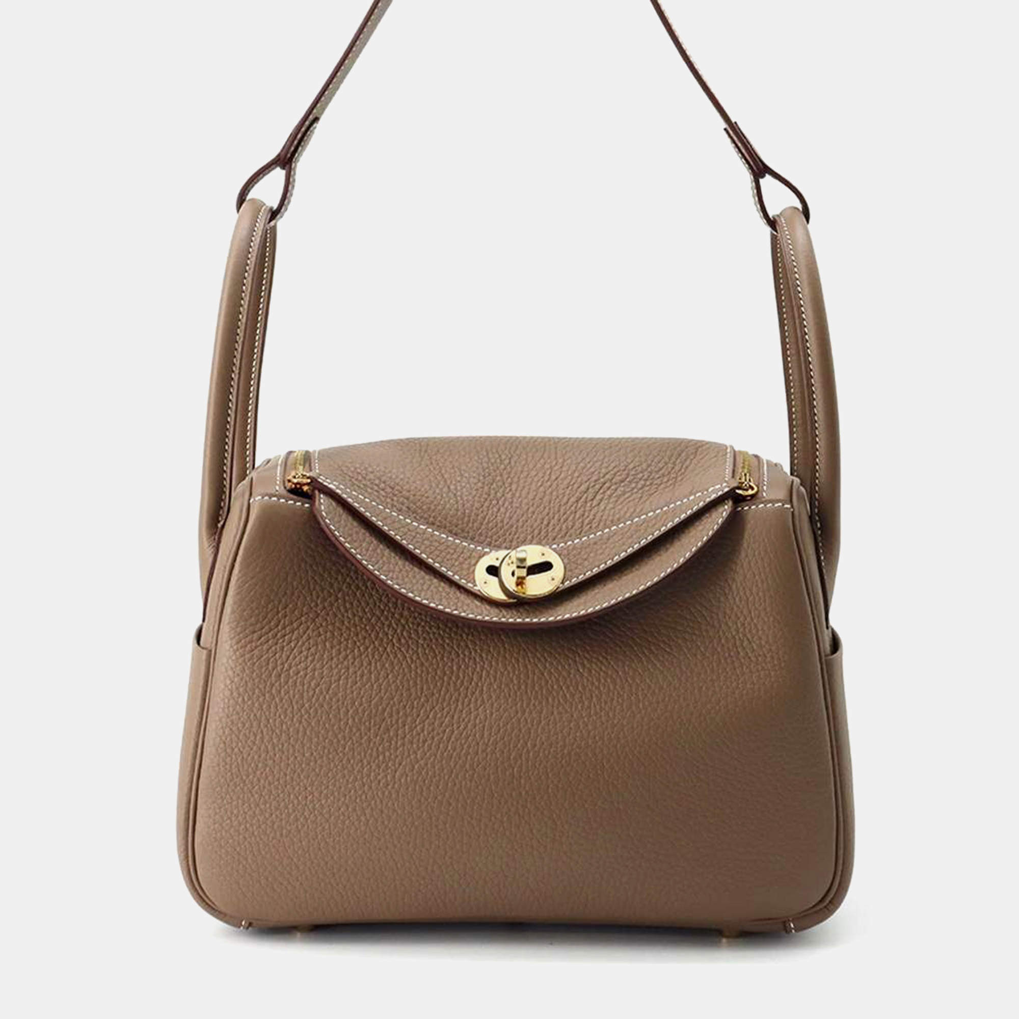 Hermes Etoupe Taurillon Clemence Lindy 26 Shoulder Bag