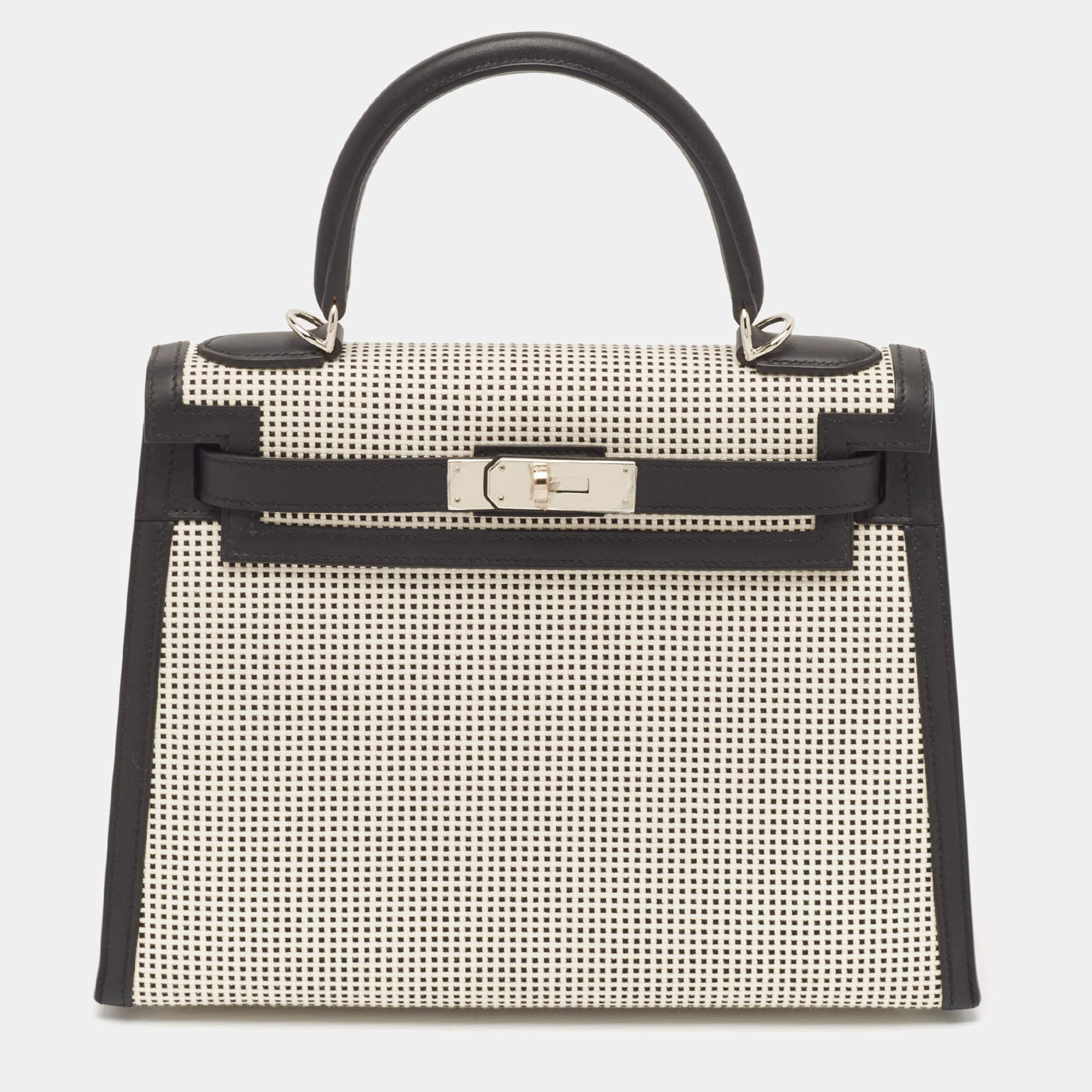 Hermes Noir/Ecru/Blanc Toile Quadrille and Swift Leather Palladium Finish Kelly Sellier 28 Bag