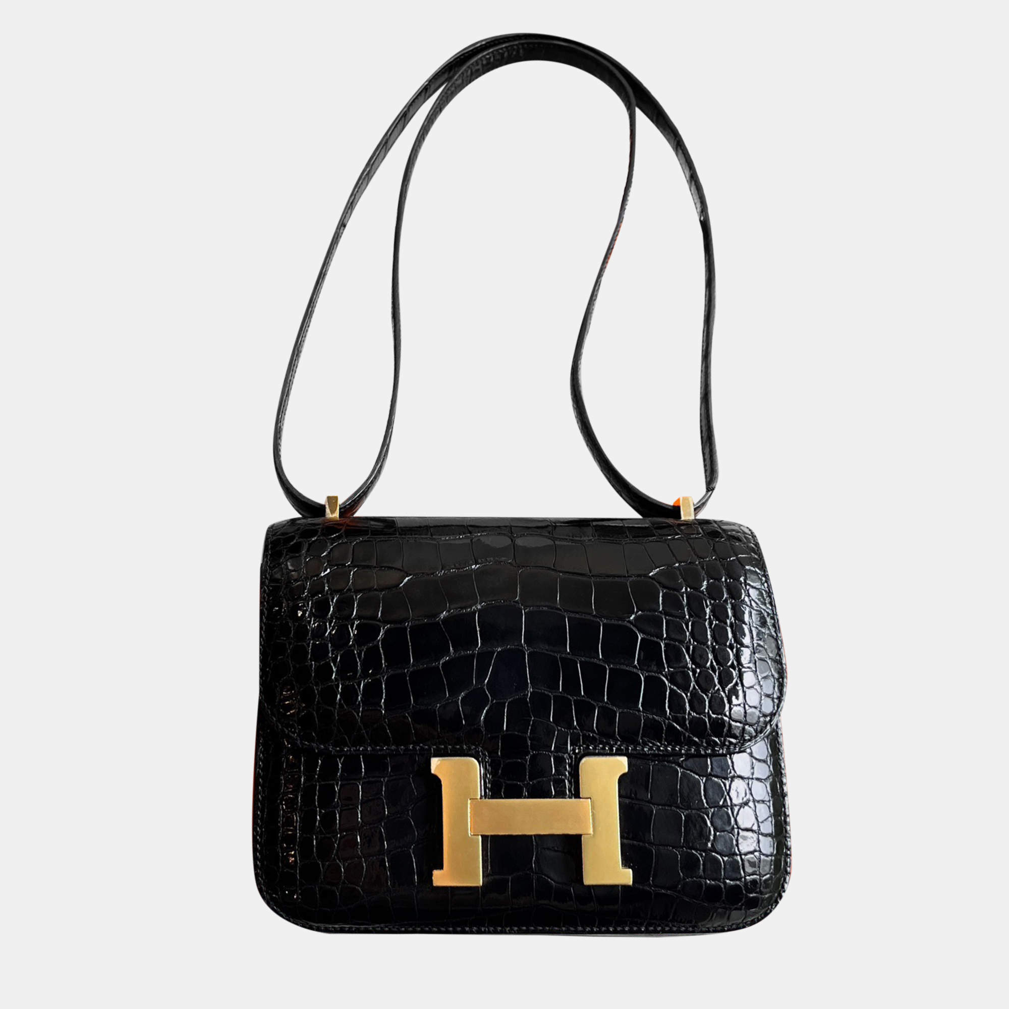 Hermes Black Shiny Crocodile Leather Constance 19 Shoulder Bag