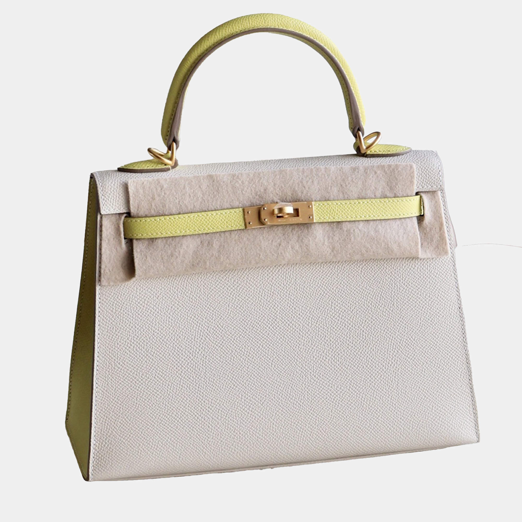Hermes Milk White and Lemon Yellow Epsom Leather Brushed Kelly 25
