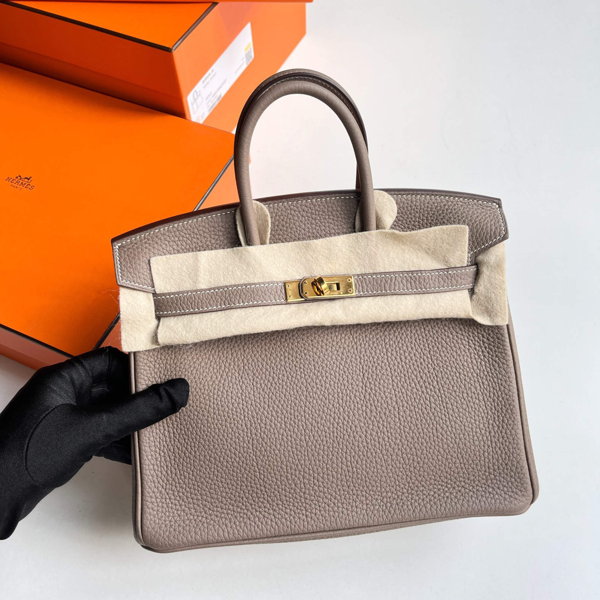 Hermes Etoupe Clemence Leather Birkin 25 Bag