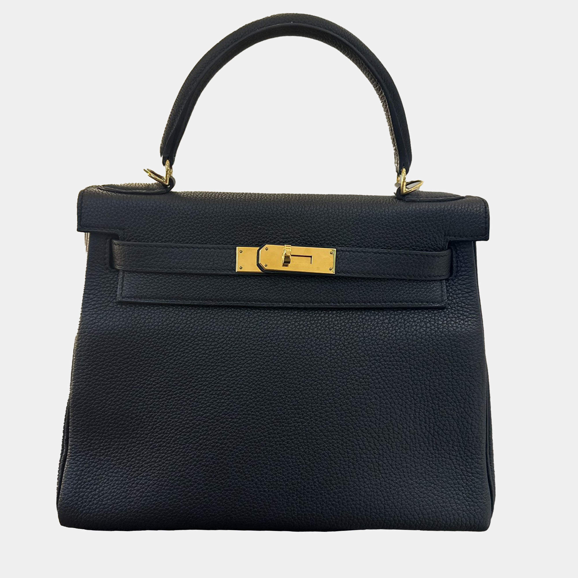 Hermes Black Clemence Leather Kelly 28 Top Handle Bag