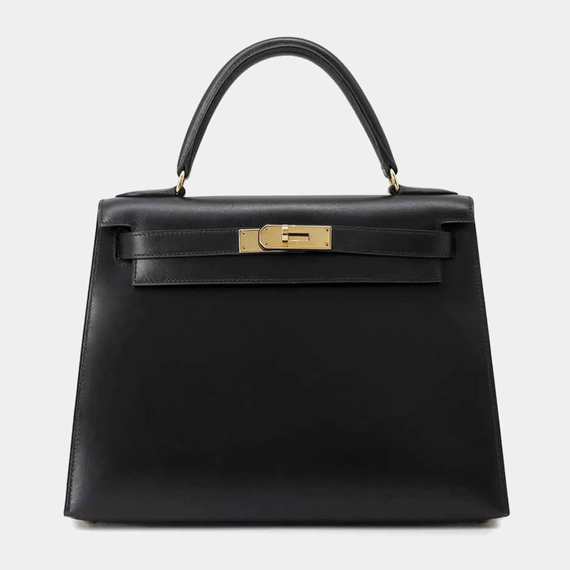 Pre Owned Hermes Black Box Calf Leather Kelly Sellier 28 Tote Bag
