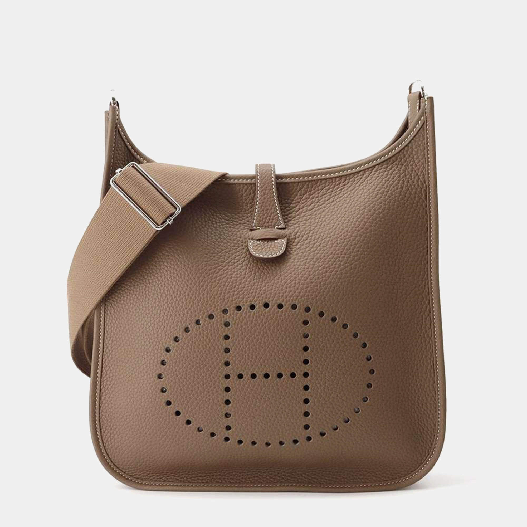  Hermes Etoupe Taurillon Clemence Evelyne III PM Shoulder Bag