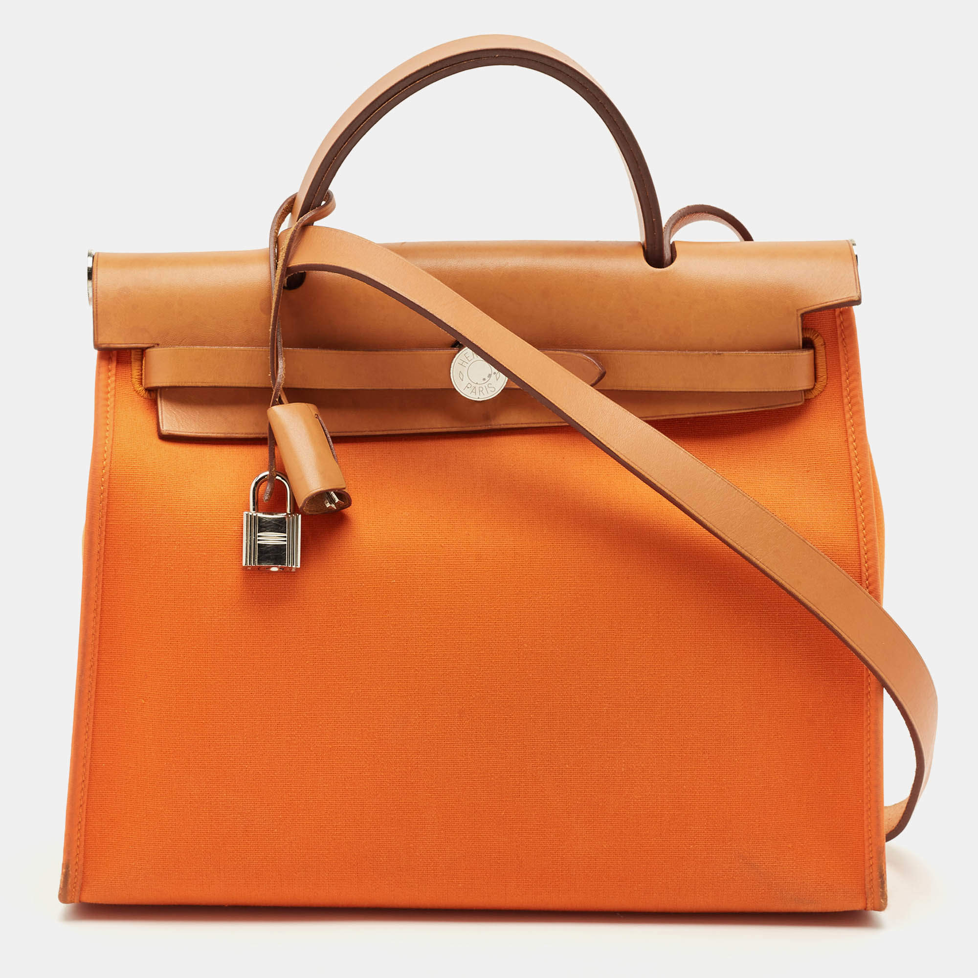 Pre Owned Hermes Orange/Natural Toile and Vache Hunter Herbag 31 Bag