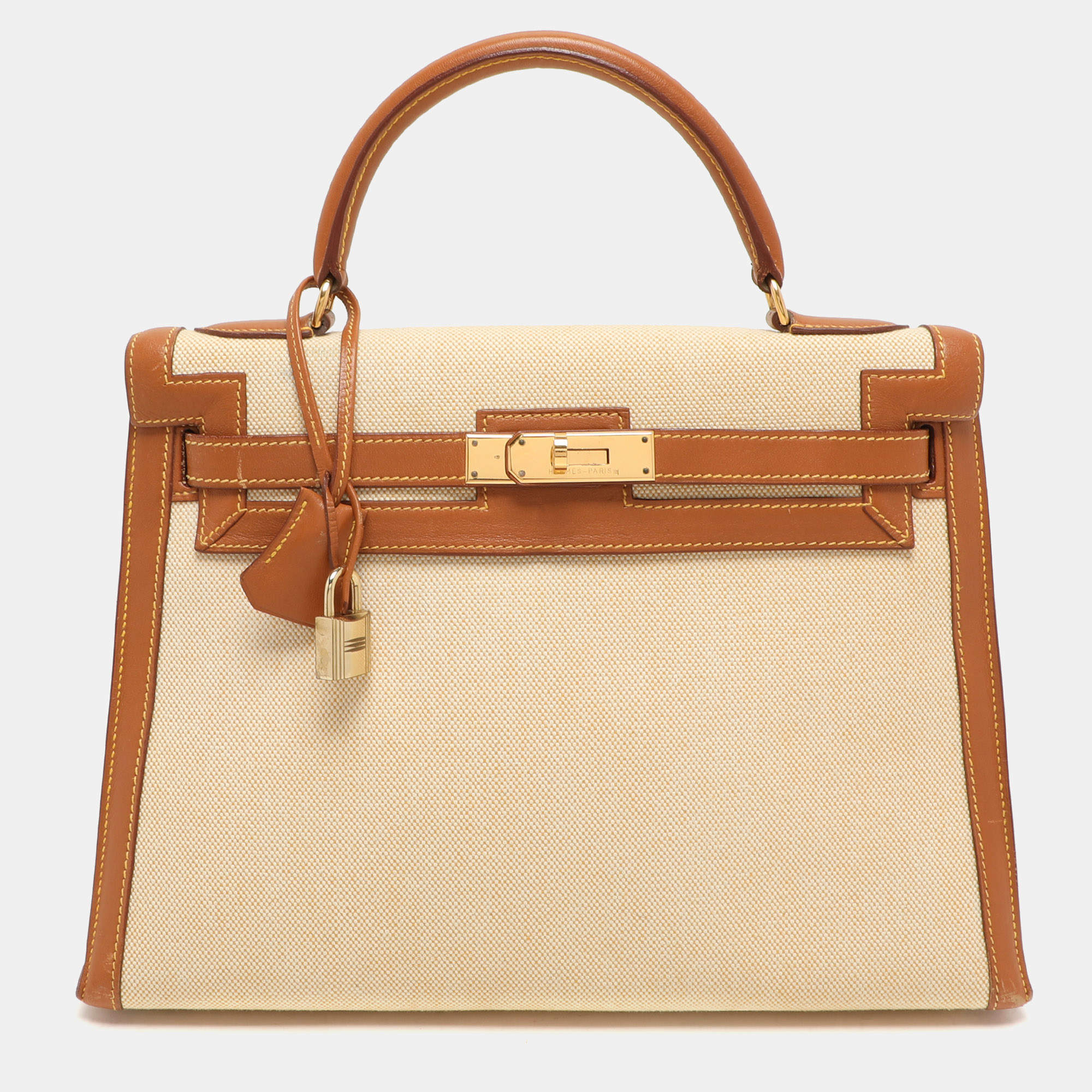 Hermes Natural Barenia Leather and Toile Canvas Gold Hardware Kelly Sellier 32 Bag