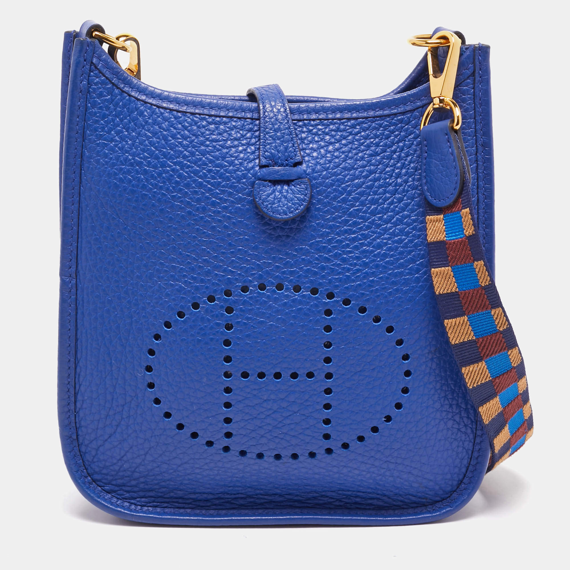 Pre Owned Hermes Bleu Royal/Bleu/Biscuit/Rouge H Taurillon Clemence Leather Maxi Quadrille Evelyne TPM Bag